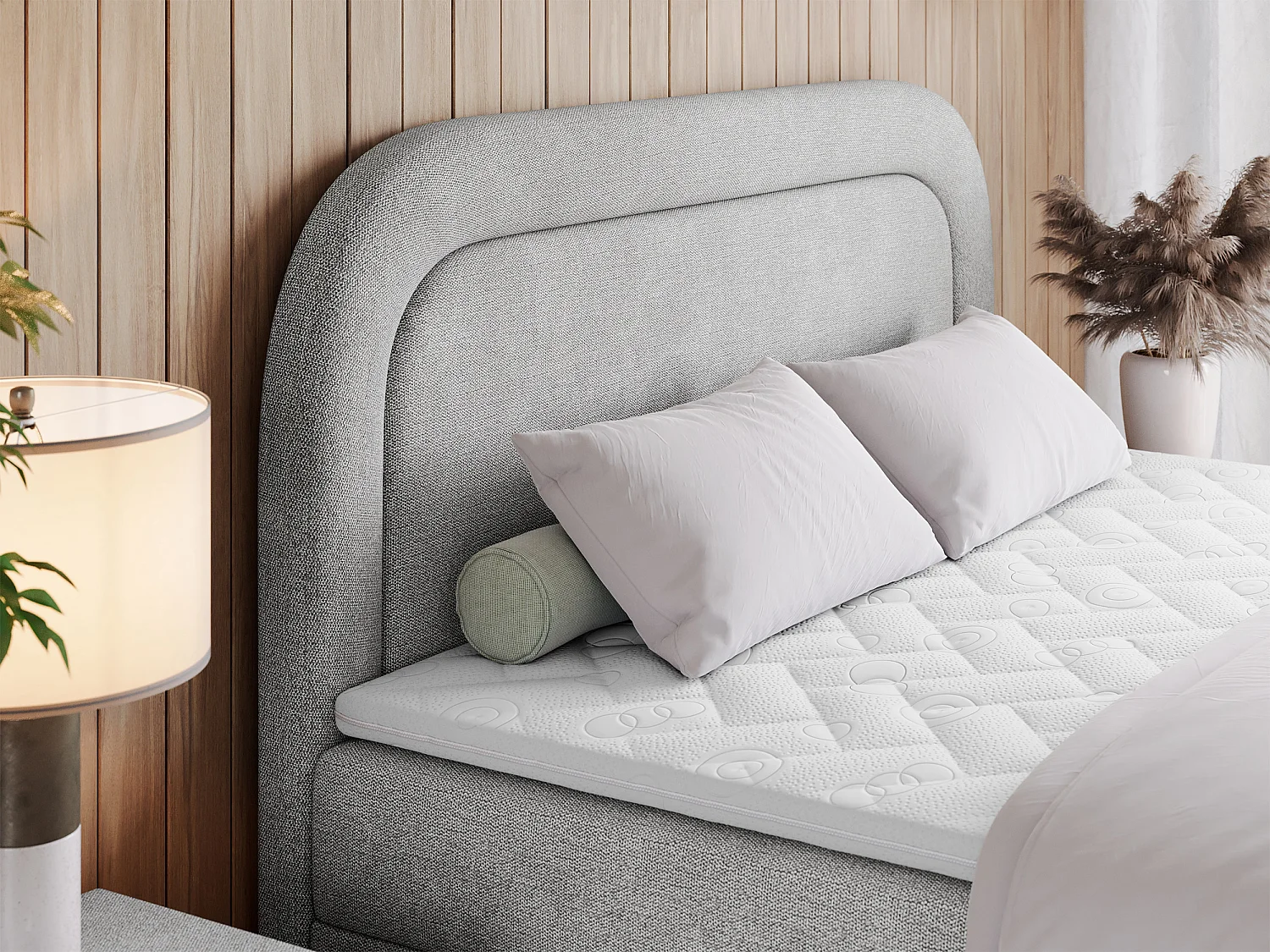 Boxspringbett EIRA - Polsterbett mit Stauraum, Set mit Kopfteil und Multipocket-Matratze, Metallbeine - 140x200 cm - H3 - Hellgrau Strukture