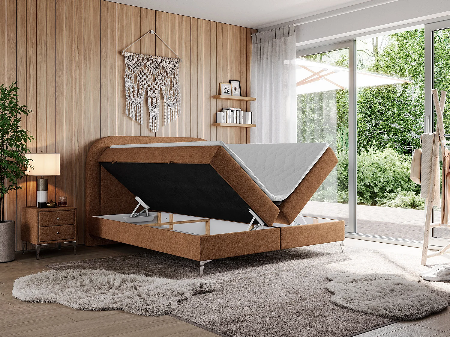 Boxspringbett EIRA - Polsterbett mit Stauraum, Set mit Kopfteil und Multipocket-Matratze, Metallbeine - 140x200 cm - H4 - Orange Strukture