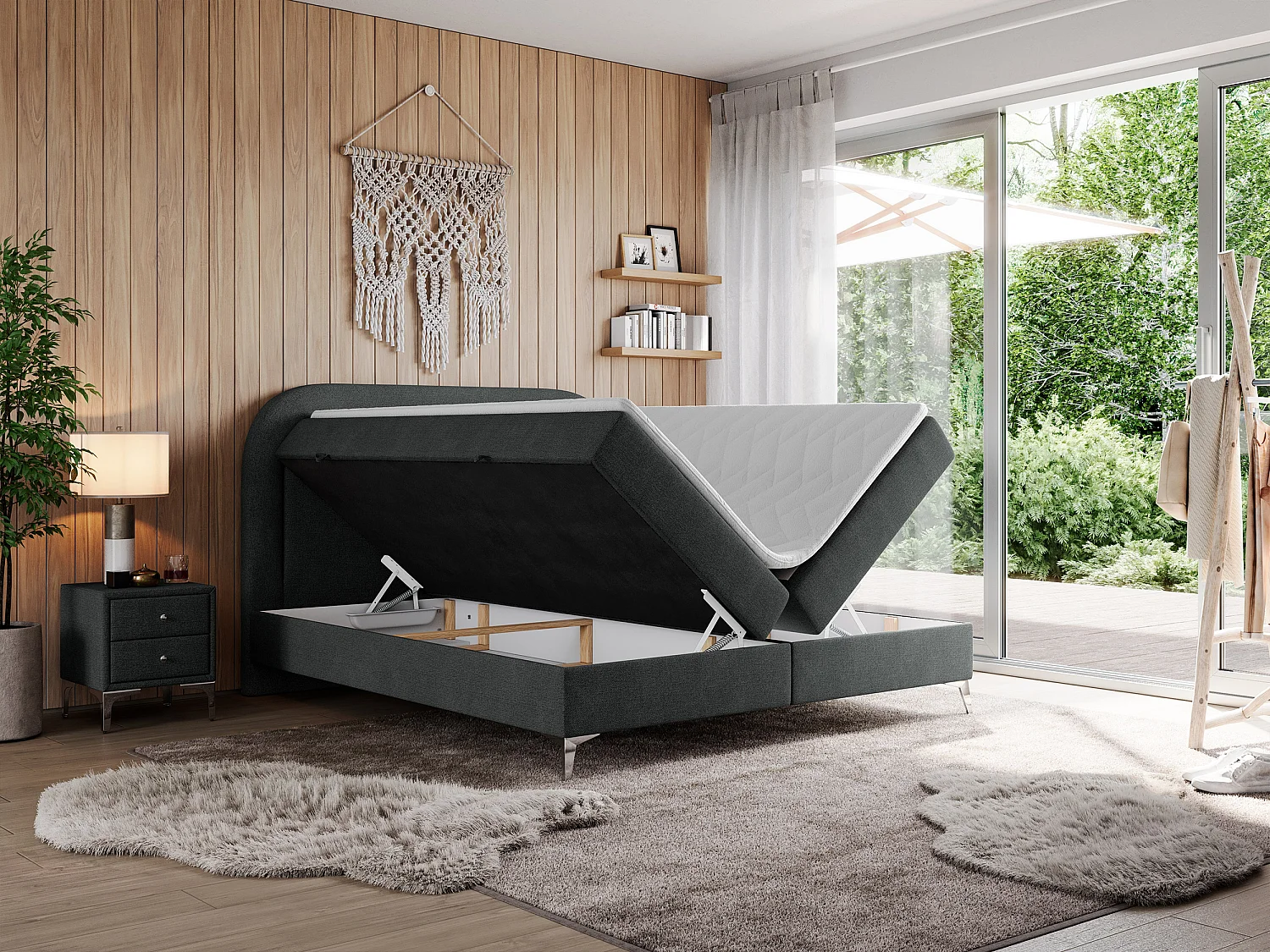 Boxspringbett EIRA - Polsterbett mit Stauraum, Set mit Kopfteil und Multipocket-Matratze, Metallbeine - 180x200 cm - H3 - Dunkelgrau Strukture
