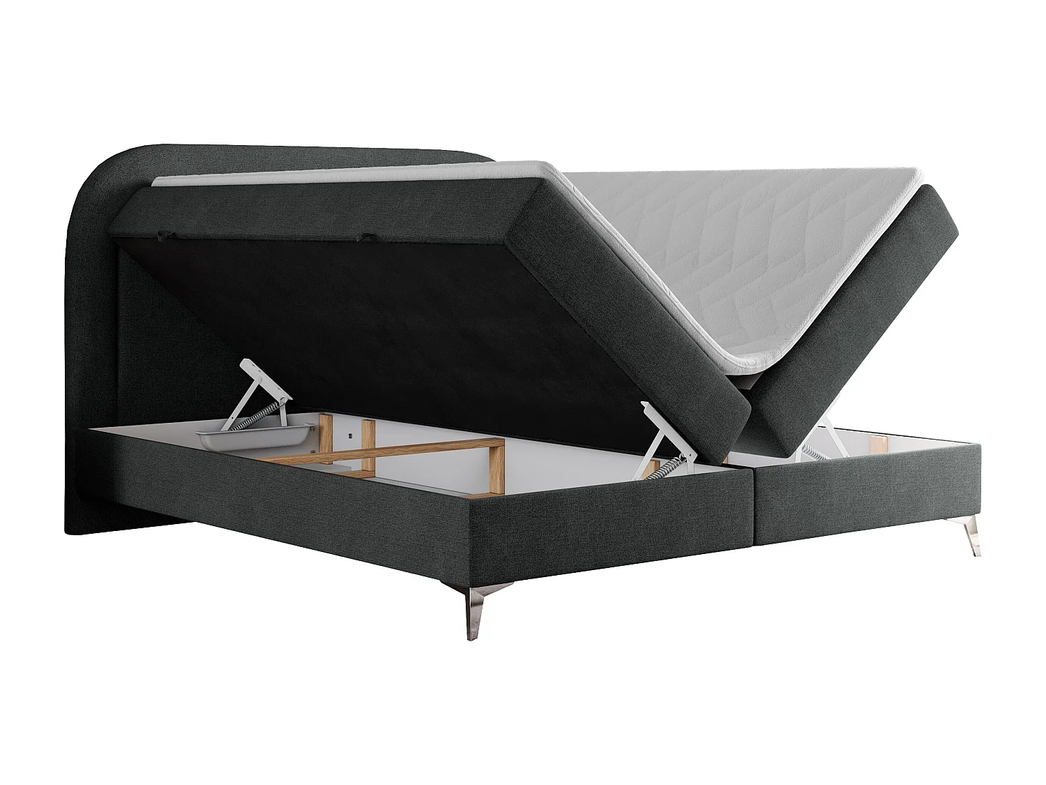 Boxspringbett EIRA - Polsterbett mit Stauraum, Set mit Kopfteil und Multipocket-Matratze, Metallbeine - 180x200 cm - H3 - Dunkelgrau Strukture