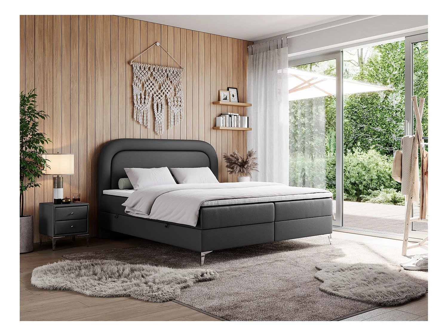 Boxspringbett EIRA - Polsterbett mit Stauraum, Set mit Kopfteil und Multipocket-Matratze, Metallbeine - 180x200 cm - H4 - Dunkelgrau Kunstleder