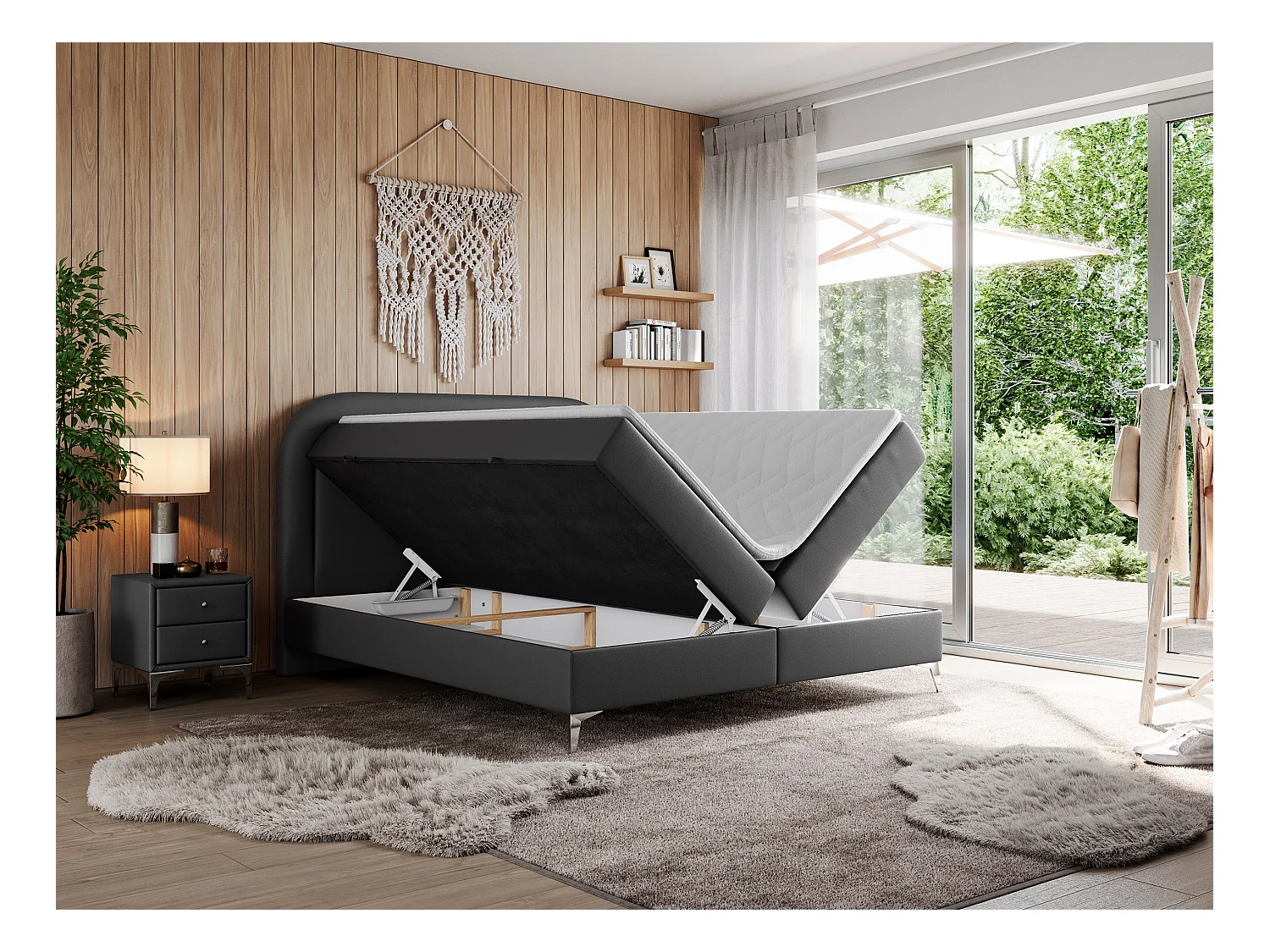 Boxspringbett EIRA - Polsterbett mit Stauraum, Set mit Kopfteil und Multipocket-Matratze, Metallbeine - 180x200 cm - H4 - Dunkelgrau Kunstleder