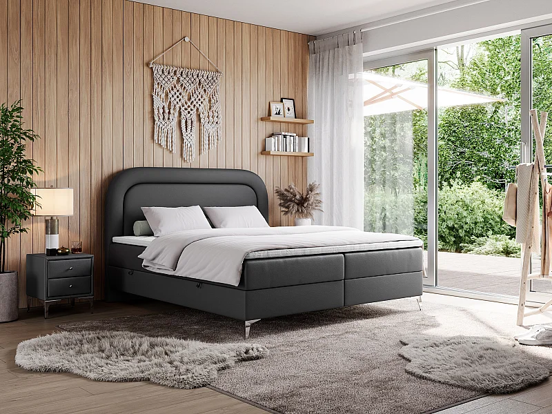 Boxspringbett EIRA - Polsterbett mit Stauraum, Set mit Kopfteil und Multipocket-Matratze, Metallbeine - 180x200 cm - H4 - Dunkelgrau Kunstleder