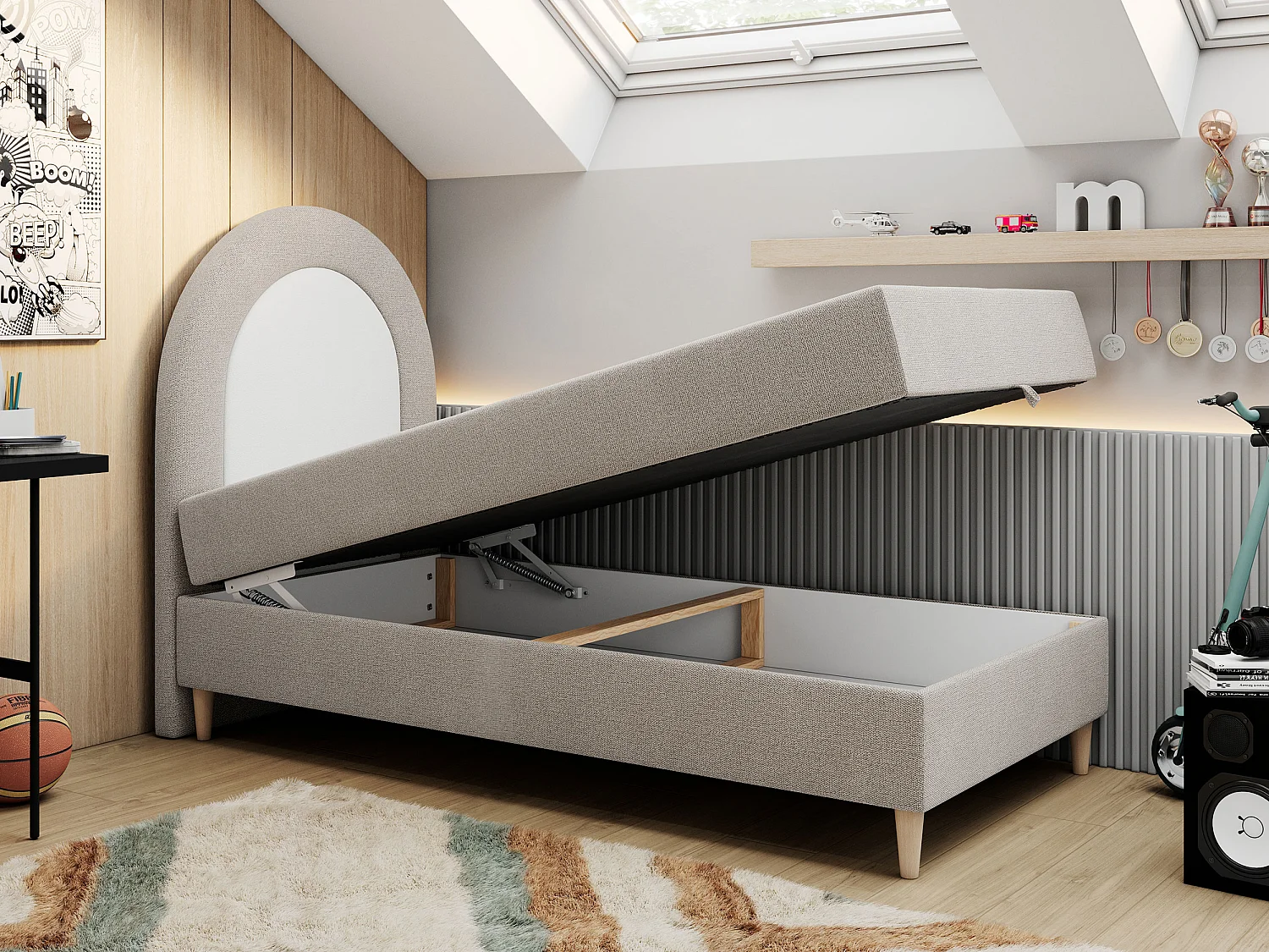 Kinderbett NEST - Boxspringbett für Kinder, mit hohem Kopfteil, Einzelbett mit Stauraum und Matratze - 90x180 cm - Beige Strukture