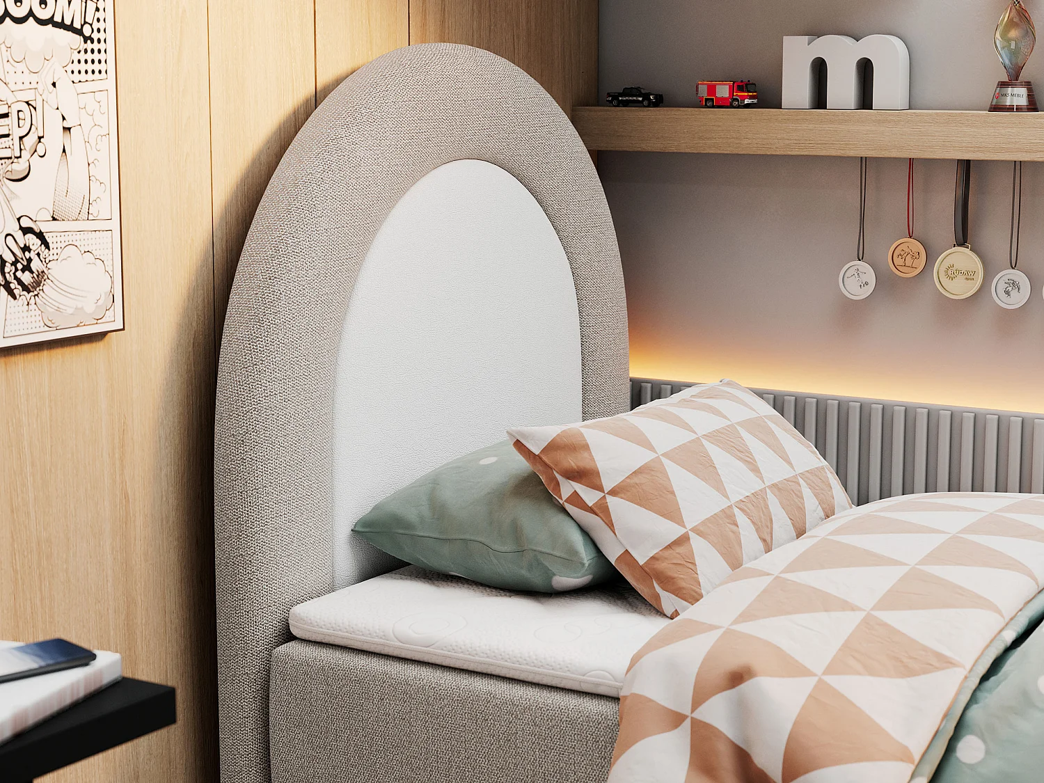 Kinderbett NEST - Boxspringbett für Kinder, mit hohem Kopfteil, Einzelbett mit Stauraum und Matratze - 90x180 cm - Beige Strukture