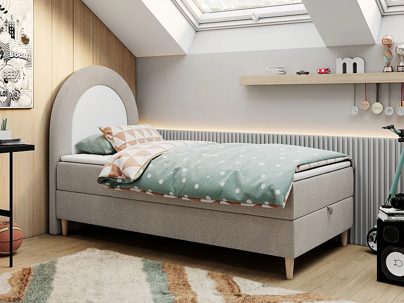 Kinderbett NEST - Boxspringbett für Kinder, mit hohem Kopfteil, Einzelbett mit Stauraum und Matratze - 90x180 cm - Beige Strukture