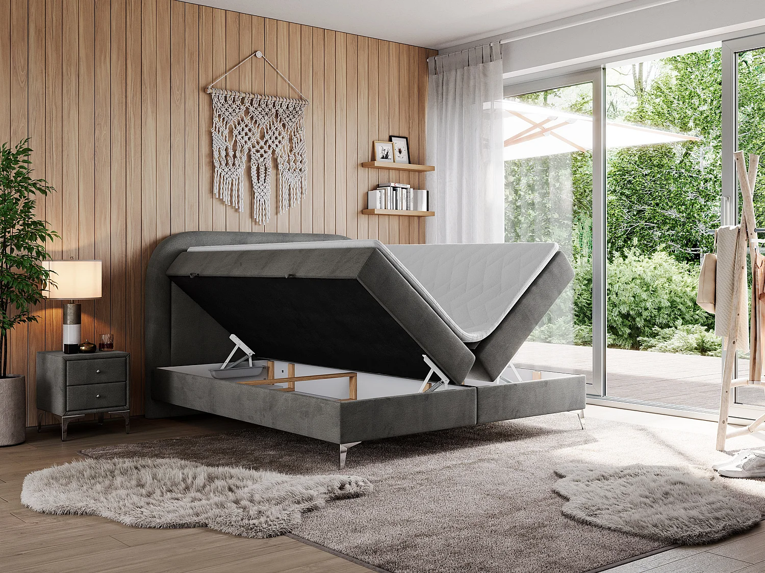 Boxspringbett EIRA - Polsterbett mit Stauraum, Set mit Kopfteil und Multipocket-Matratze, Metallbeine - 160x200 cm - H3 - Dunkelgrau Velvet