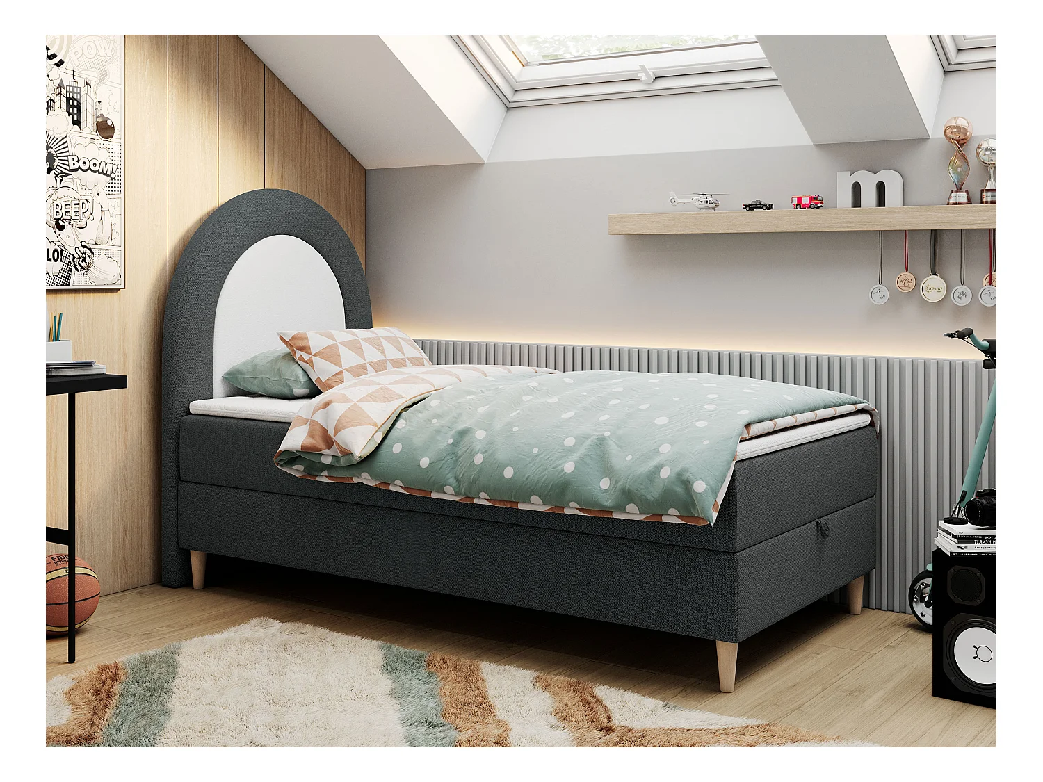Kinderbett NEST - Boxspringbett für Kinder, mit hohem Kopfteil, Einzelbett mit Stauraum und Matratze - 90x180 cm - Dunkelgrau Strukture