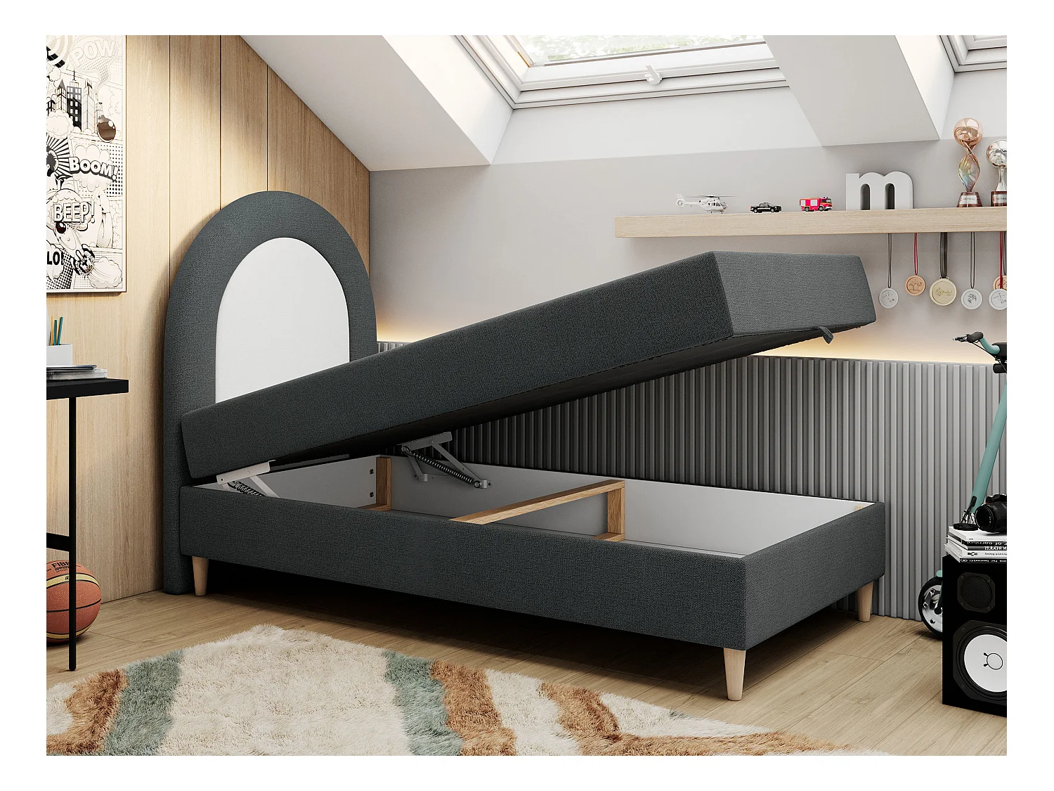 Kinderbett NEST - Boxspringbett für Kinder, mit hohem Kopfteil, Einzelbett mit Stauraum und Matratze - 90x180 cm - Dunkelgrau Strukture