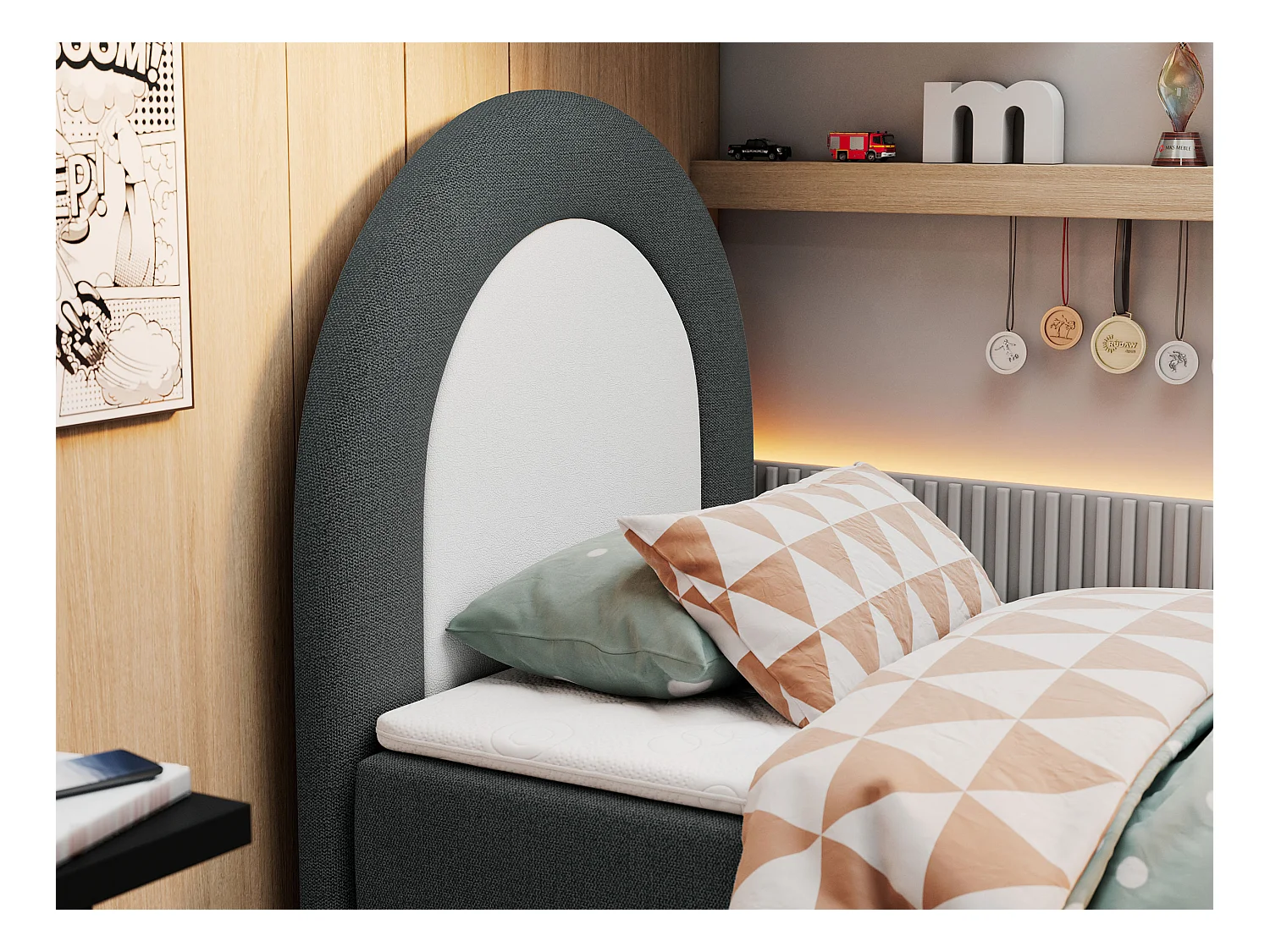 Kinderbett NEST - Boxspringbett für Kinder, mit hohem Kopfteil, Einzelbett mit Stauraum und Matratze - 90x180 cm - Dunkelgrau Strukture