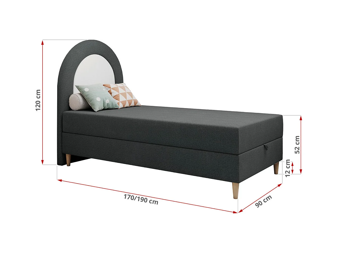 Kinderbett NEST - Boxspringbett für Kinder, mit hohem Kopfteil, Einzelbett mit Stauraum und Matratze - 90x180 cm - Dunkelgrau Strukture