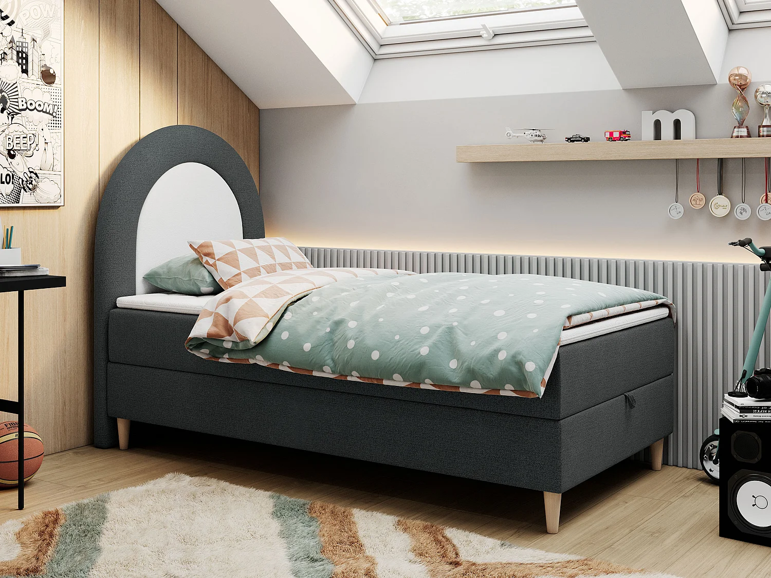 Kinderbett NEST - Boxspringbett für Kinder, mit hohem Kopfteil, Einzelbett mit Stauraum und Matratze - 90x180 cm - Dunkelgrau Strukture