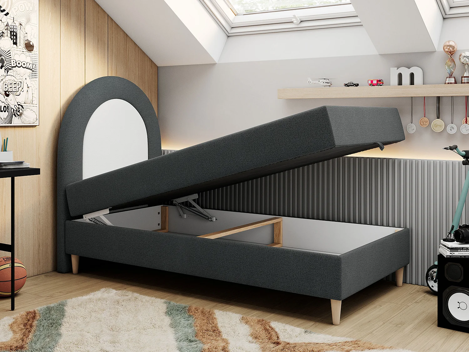 Kinderbett NEST - Boxspringbett für Kinder, mit hohem Kopfteil, Einzelbett mit Stauraum und Matratze - 90x180 cm - Dunkelgrau Strukture
