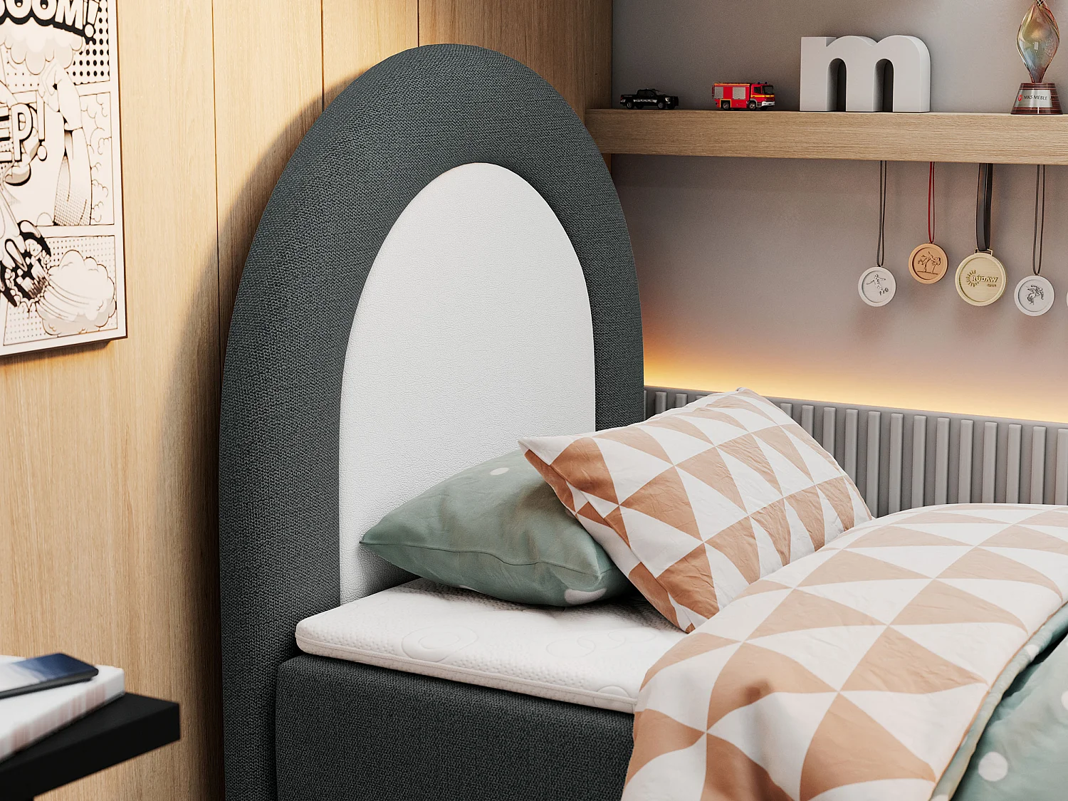 Kinderbett NEST - Boxspringbett für Kinder, mit hohem Kopfteil, Einzelbett mit Stauraum und Matratze - 90x180 cm - Dunkelgrau Strukture