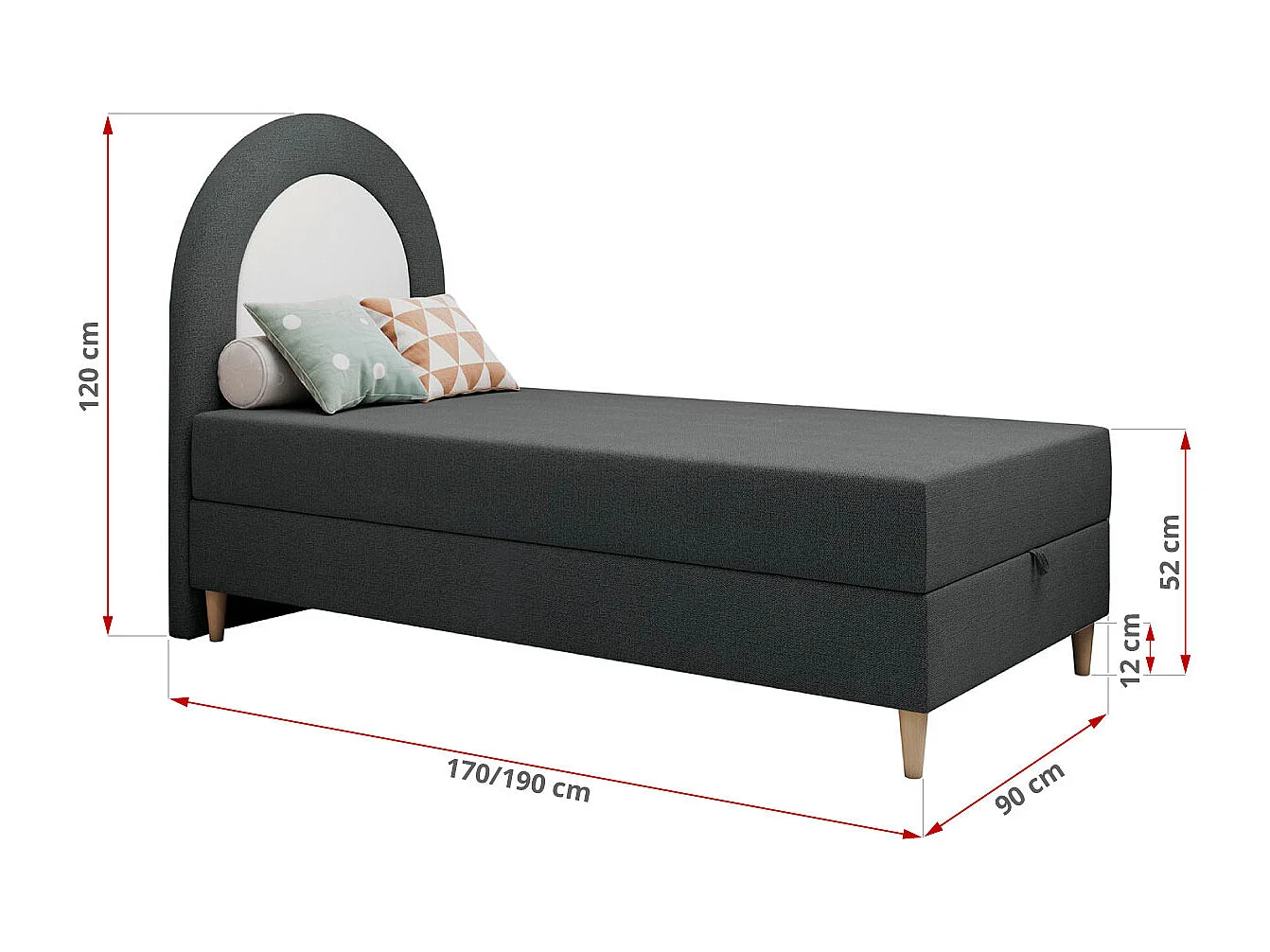 Kinderbett NEST - Boxspringbett für Kinder, mit hohem Kopfteil, Einzelbett mit Stauraum und Matratze - 90x180 cm - Dunkelgrau Strukture