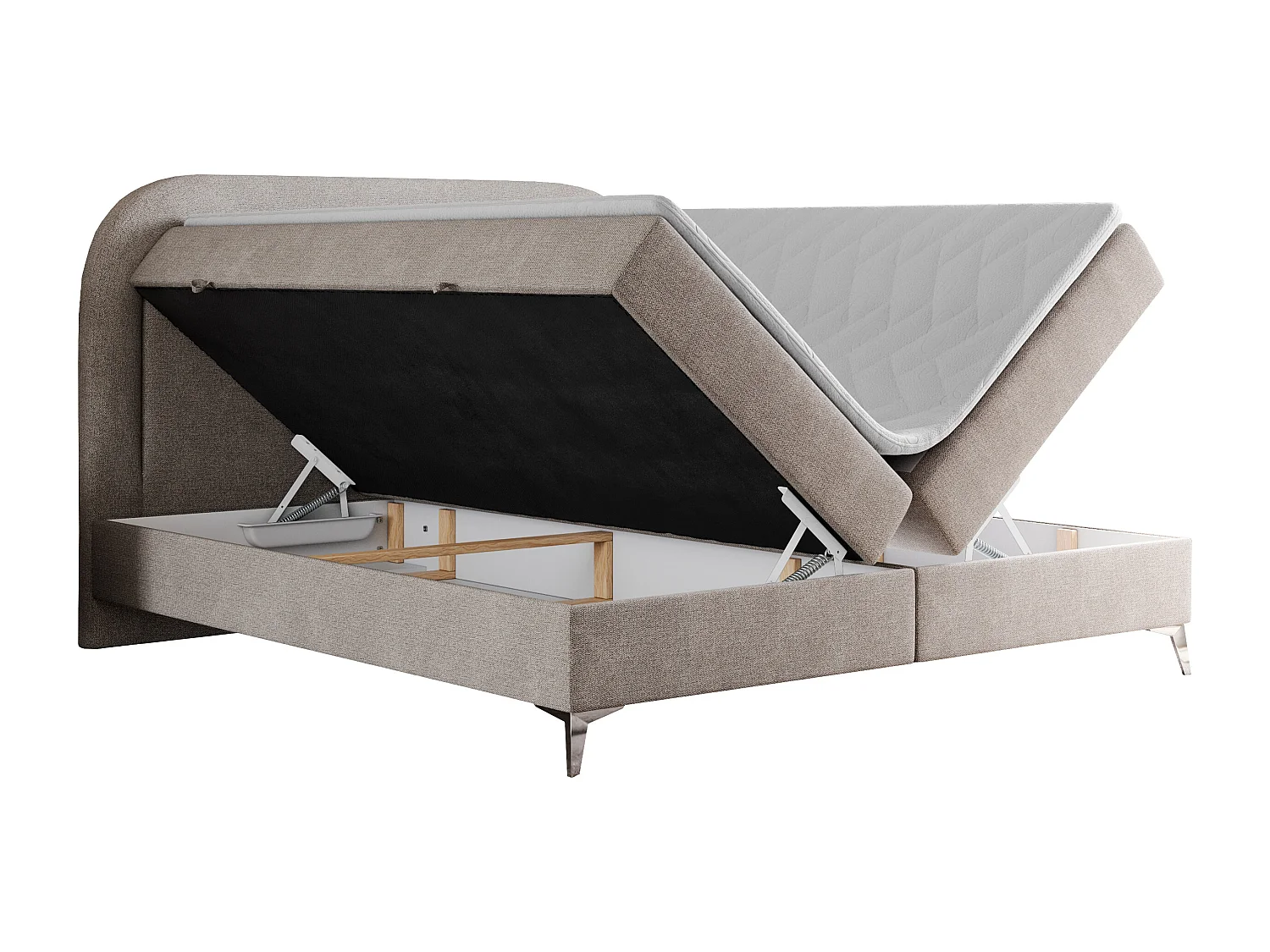 Boxspringbett EIRA - Polsterbett mit Stauraum, Set mit Kopfteil und Multipocket-Matratze, Metallbeine - 120x200 cm - H3 - Beige Strukture