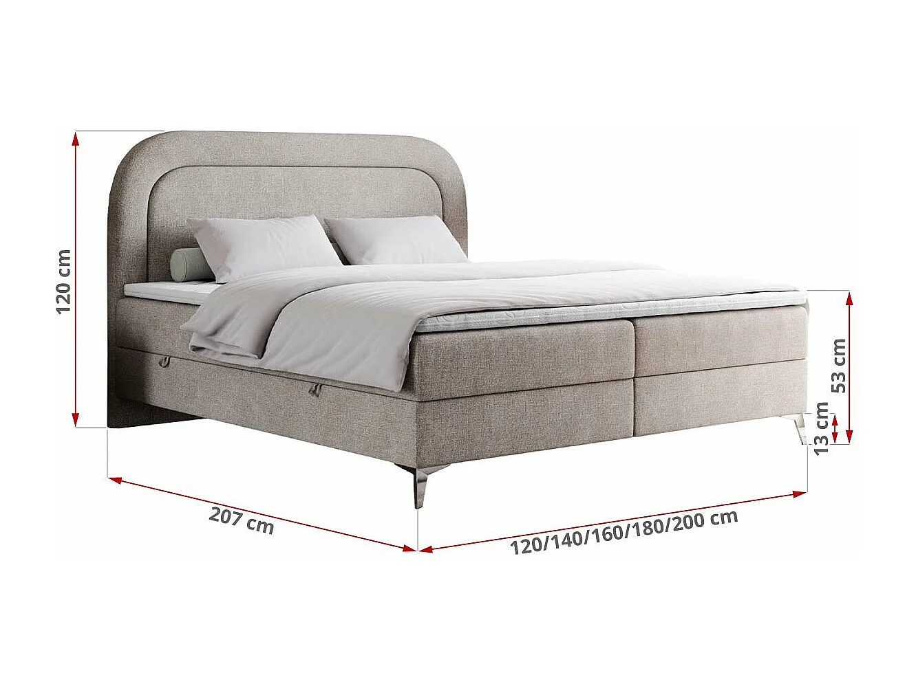 Boxspringbett EIRA - Polsterbett mit Stauraum, Set mit Kopfteil und Multipocket-Matratze, Metallbeine - 120x200 cm - H3 - Beige Strukture