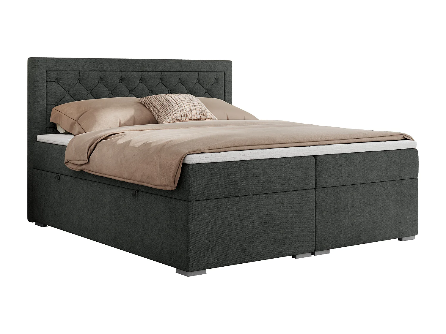 Boxspringbett JASIR - mit gestepptem Kopfteil, Doppelbett für Schlafzimmer, Multipocket-Matratze, Stauraum - 140x200 cm - H4 - Dunkelgrau Strukture