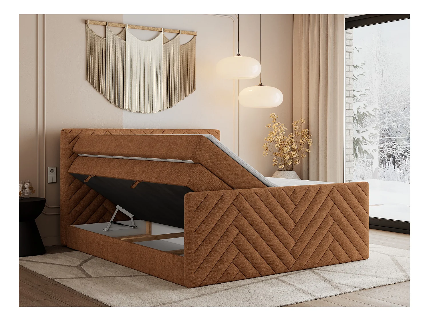 Boxspringbett PARIS KING DUO - dekorative Kopfstütze und Front, zwei Multipocket-Matratze mit Topper - 120x200 cm - H3 - Orange Strukture