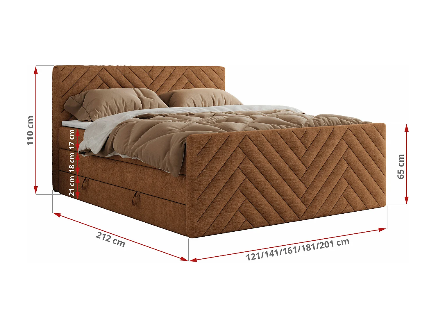 Boxspringbett PARIS KING DUO - dekorative Kopfstütze und Front, zwei Multipocket-Matratze mit Topper - 120x200 cm - H3 - Orange Strukture