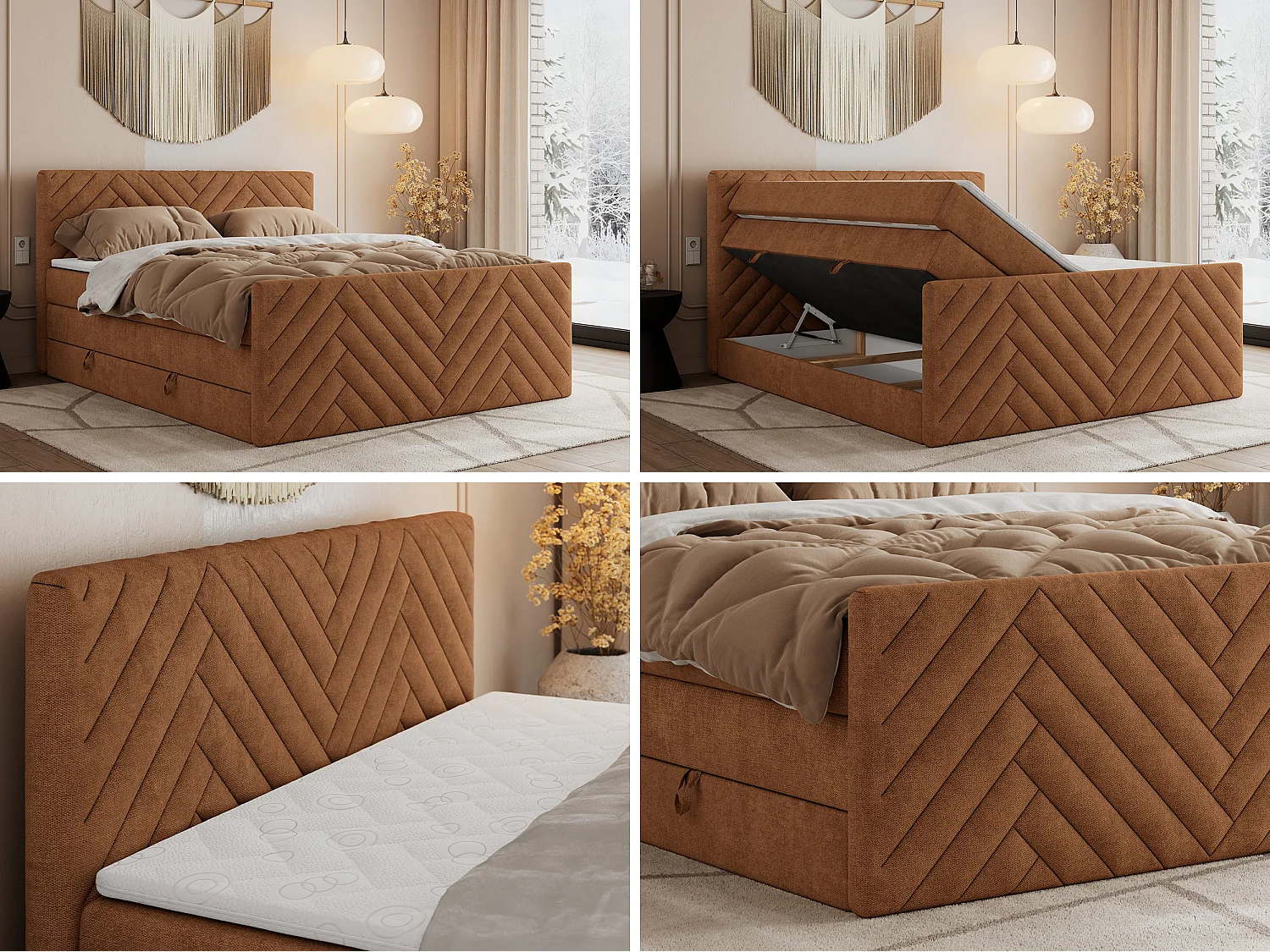 Boxspringbett PARIS KING DUO - dekorative Kopfstütze und Front, zwei Multipocket-Matratze mit Topper - 120x200 cm - H3 - Orange Strukture