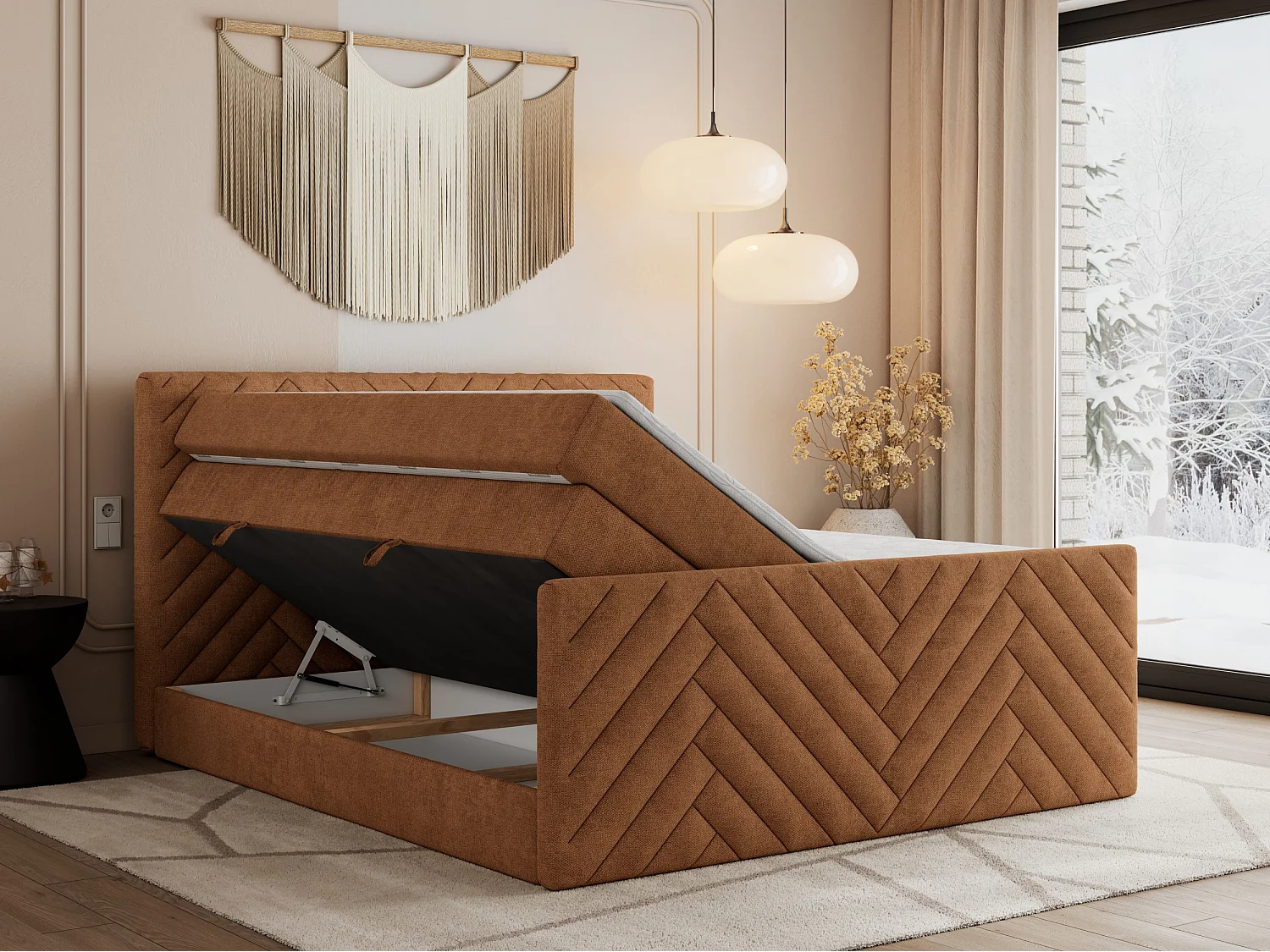 Boxspringbett PARIS KING DUO - dekorative Kopfstütze und Front, zwei Multipocket-Matratze mit Topper - 120x200 cm - H3 - Orange Strukture