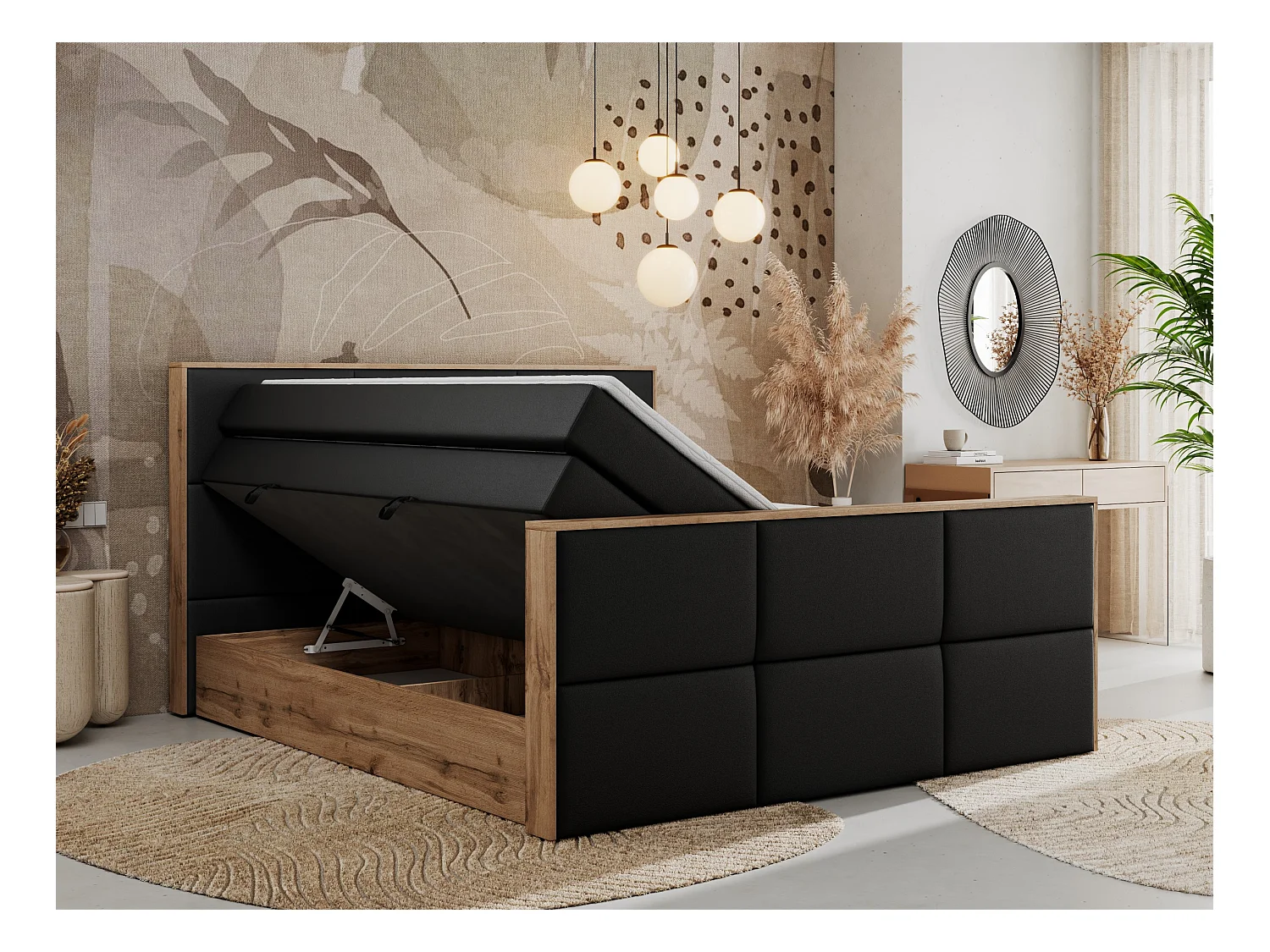 Boxspringbett ALBERO 2 KING DUO - Eiche Wotan Holzrahmen, zwei Multipocket-Matratzen, Bettkästen - 140x200 cm - H3 - Schwarz Kunstleder