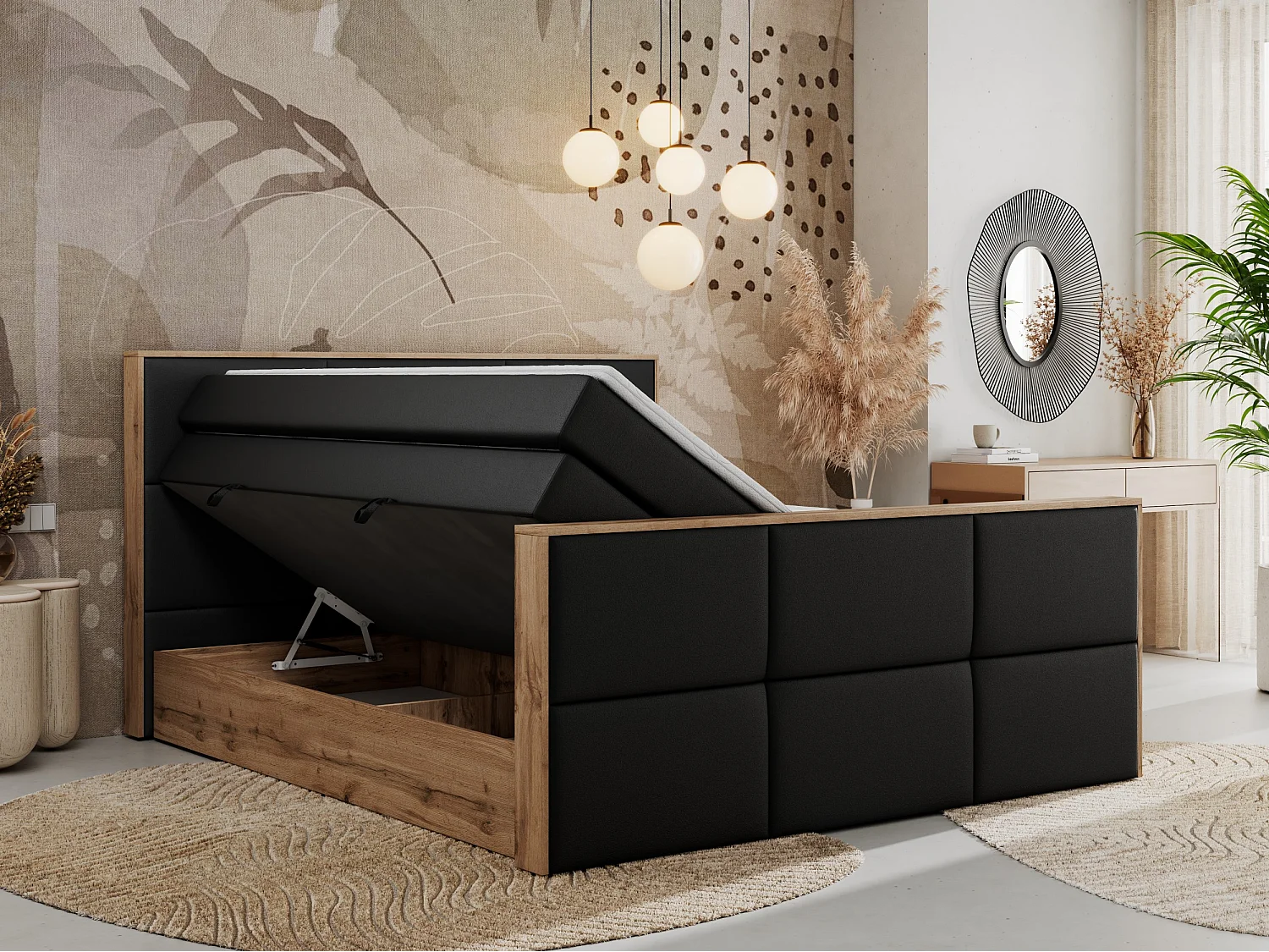 Boxspringbett ALBERO 2 KING DUO - Eiche Wotan Holzrahmen, zwei Multipocket-Matratzen, Bettkästen - 140x200 cm - H3 - Schwarz Kunstleder