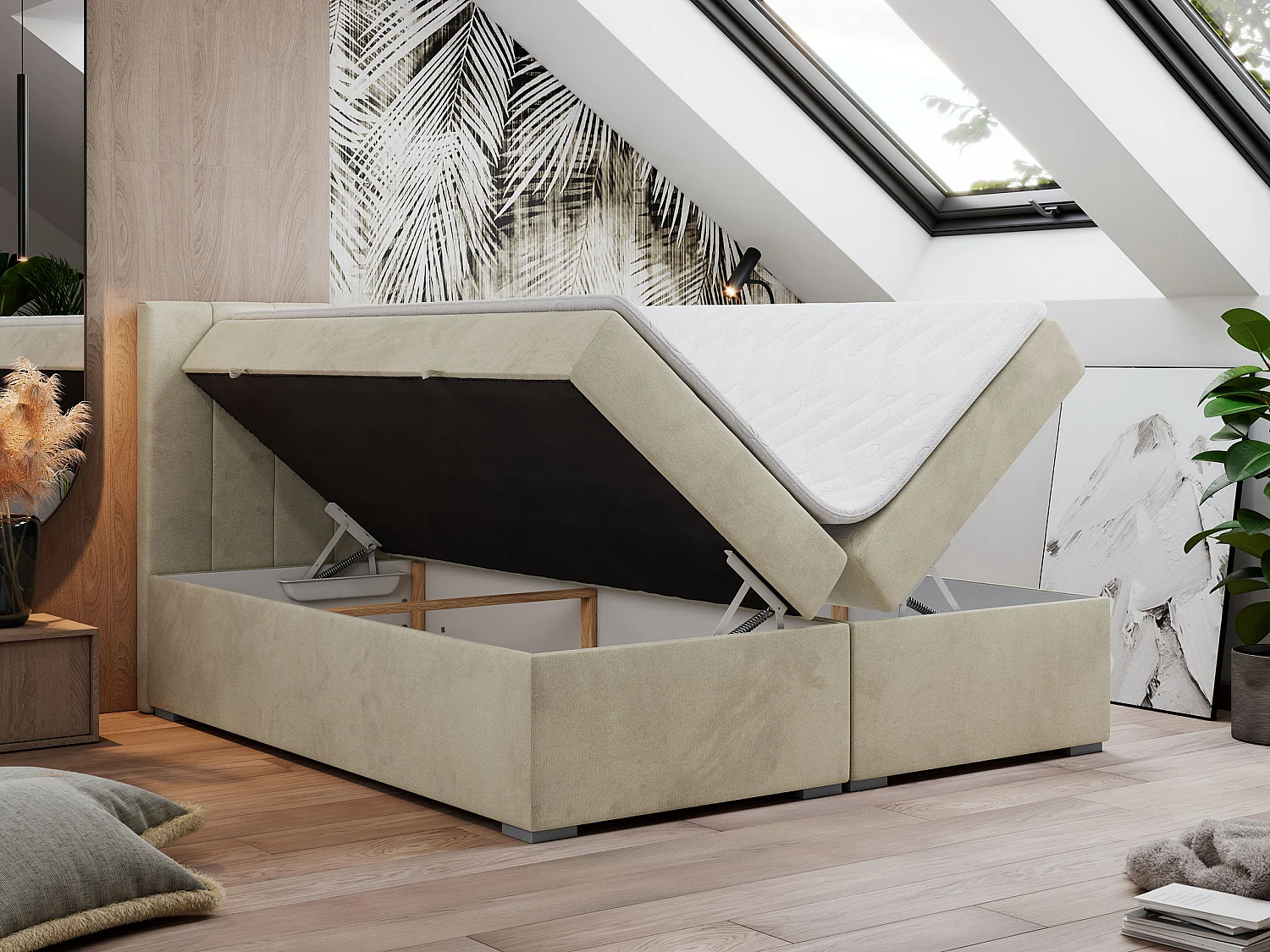 Boxspringbett LOPE - genähtes Kopfteil, Doppelbett mit Stauraum, Multipocket-Matratze, Topper - 180x200 cm - H3 - Beige Velvet