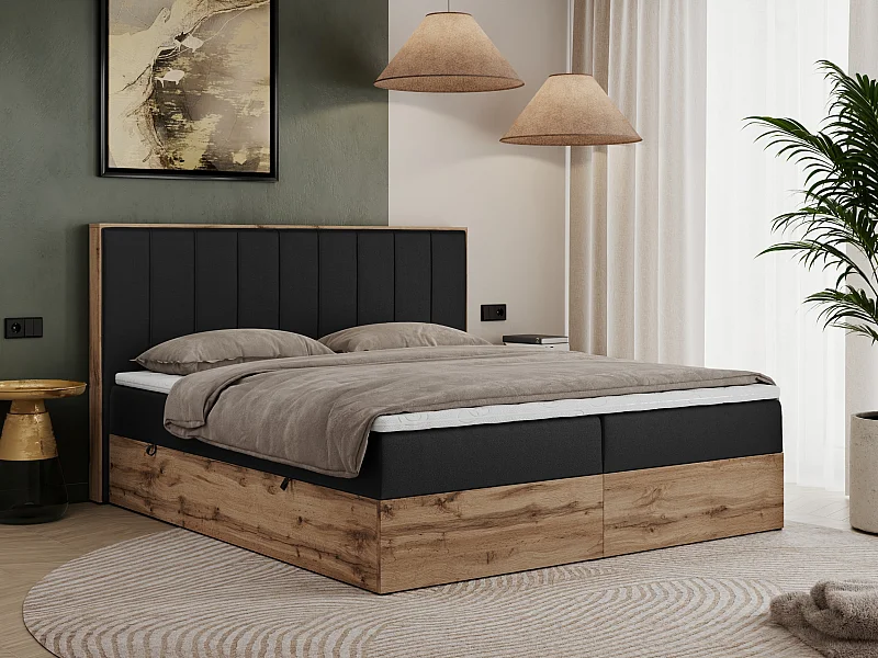 Boxspringbett BELLISSIMO - mit gestepptem Kopfteil, Polsterbett mit zwei Bettkästen, Multipocket-Matratze - 160x200 cm - H3 - Schwarz Kunstleder