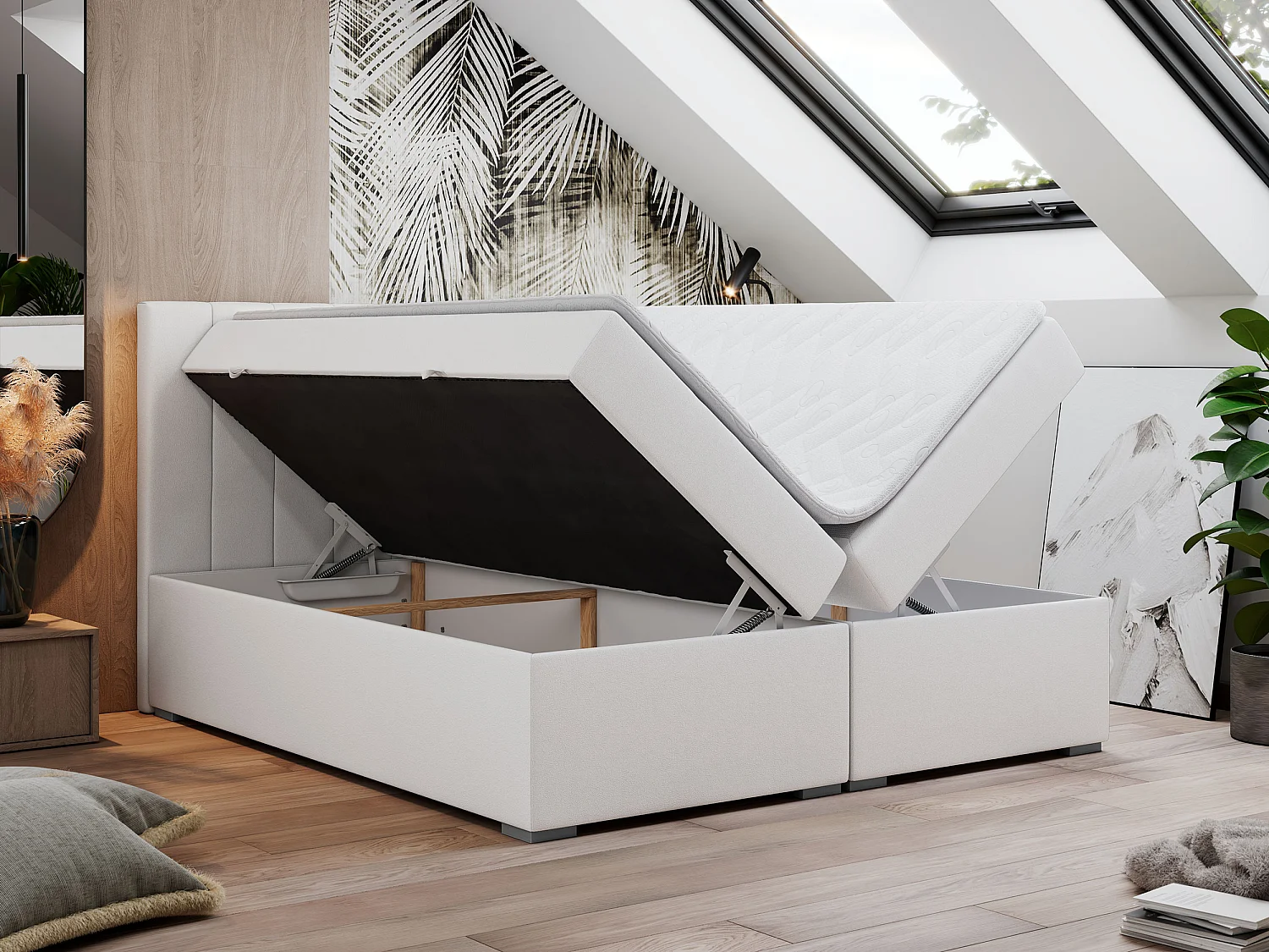 Boxspringbett LOPE - genähtes Kopfteil, Doppelbett mit Stauraum, Multipocket-Matratze, Topper - 180x200 cm - H3 - Weiß Kunstleder