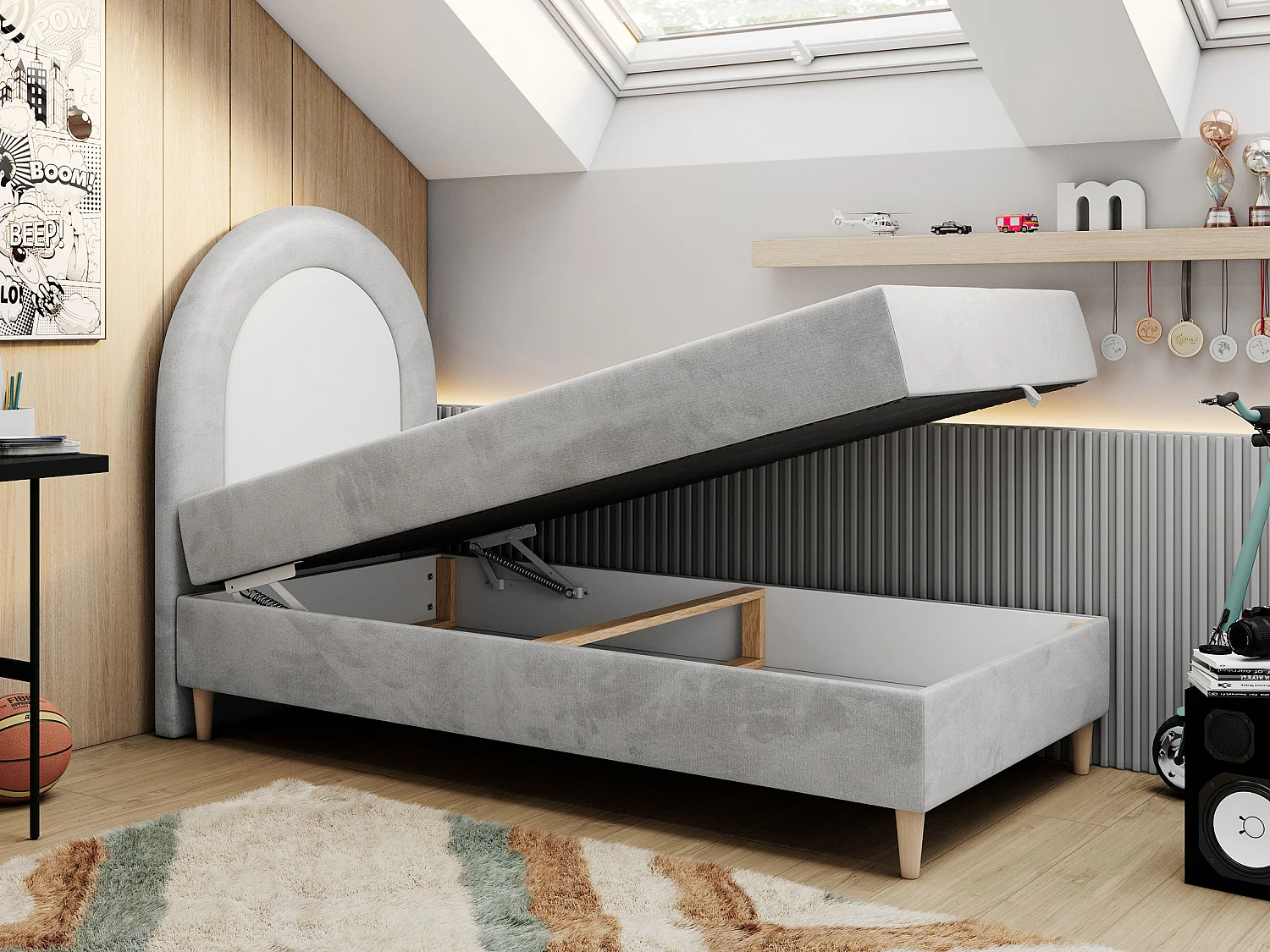 Kinderbett NEST - Boxspringbett für Kinder, mit hohem Kopfteil, Einzelbett mit Stauraum und Matratze - 90x180 cm - Hellgrau Velvet