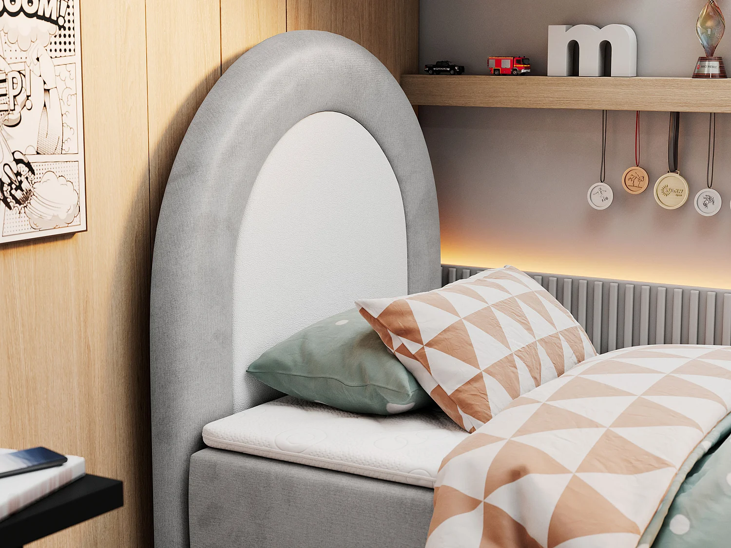 Kinderbett NEST - Boxspringbett für Kinder, mit hohem Kopfteil, Einzelbett mit Stauraum und Matratze - 90x180 cm - Hellgrau Velvet