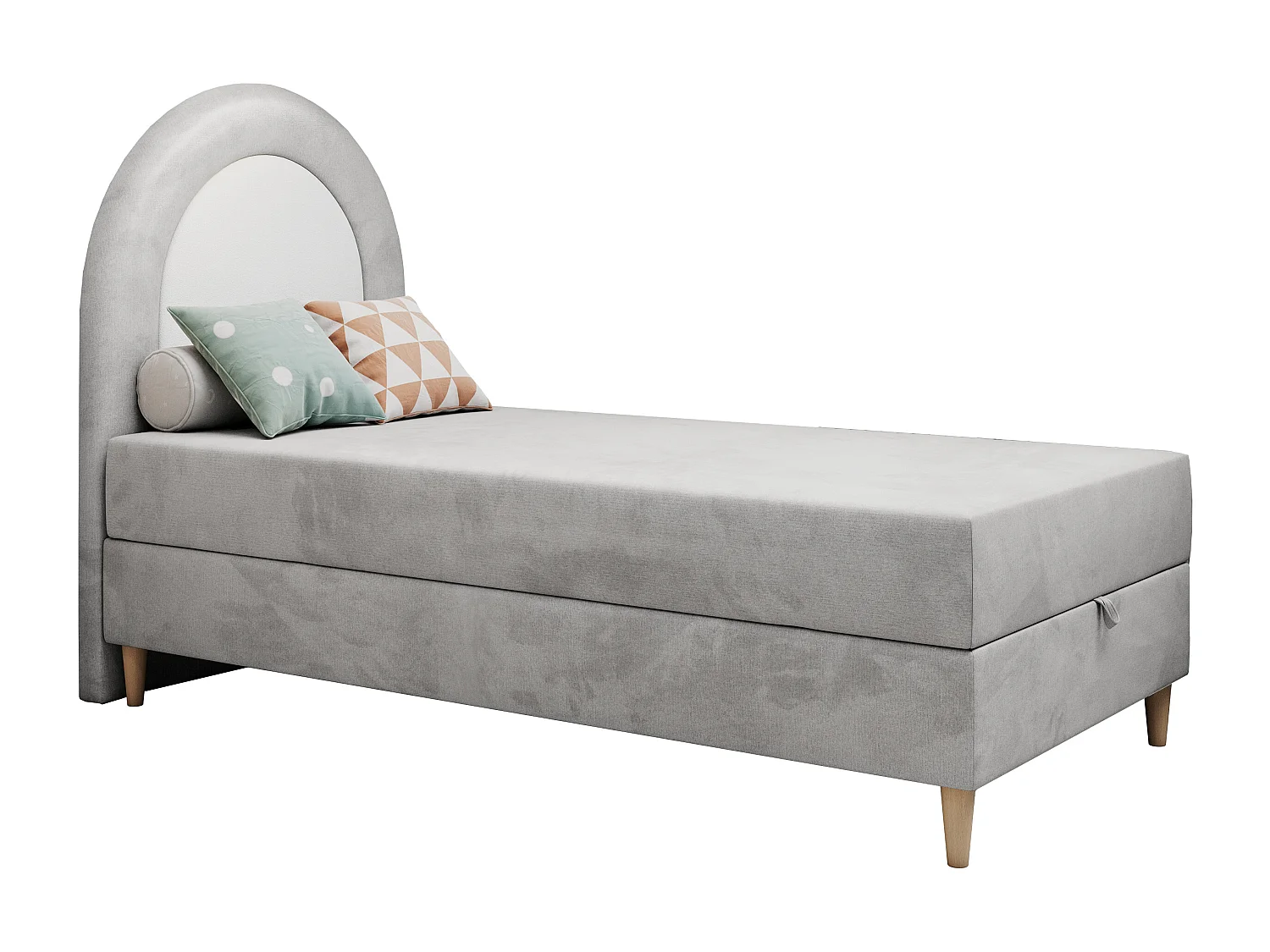 Kinderbett NEST - Boxspringbett für Kinder, mit hohem Kopfteil, Einzelbett mit Stauraum und Matratze - 90x180 cm - Hellgrau Velvet