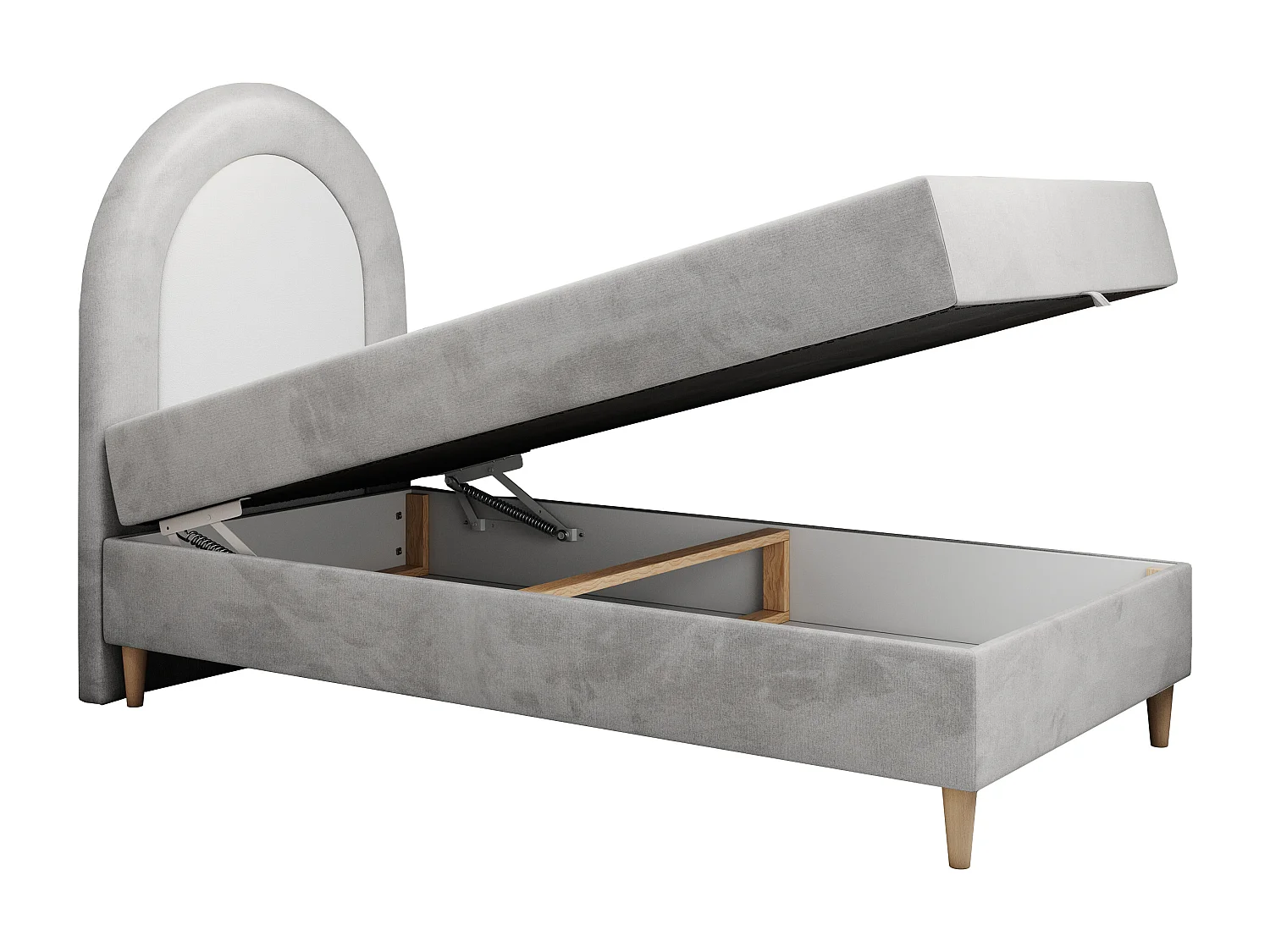 Kinderbett NEST - Boxspringbett für Kinder, mit hohem Kopfteil, Einzelbett mit Stauraum und Matratze - 90x180 cm - Hellgrau Velvet