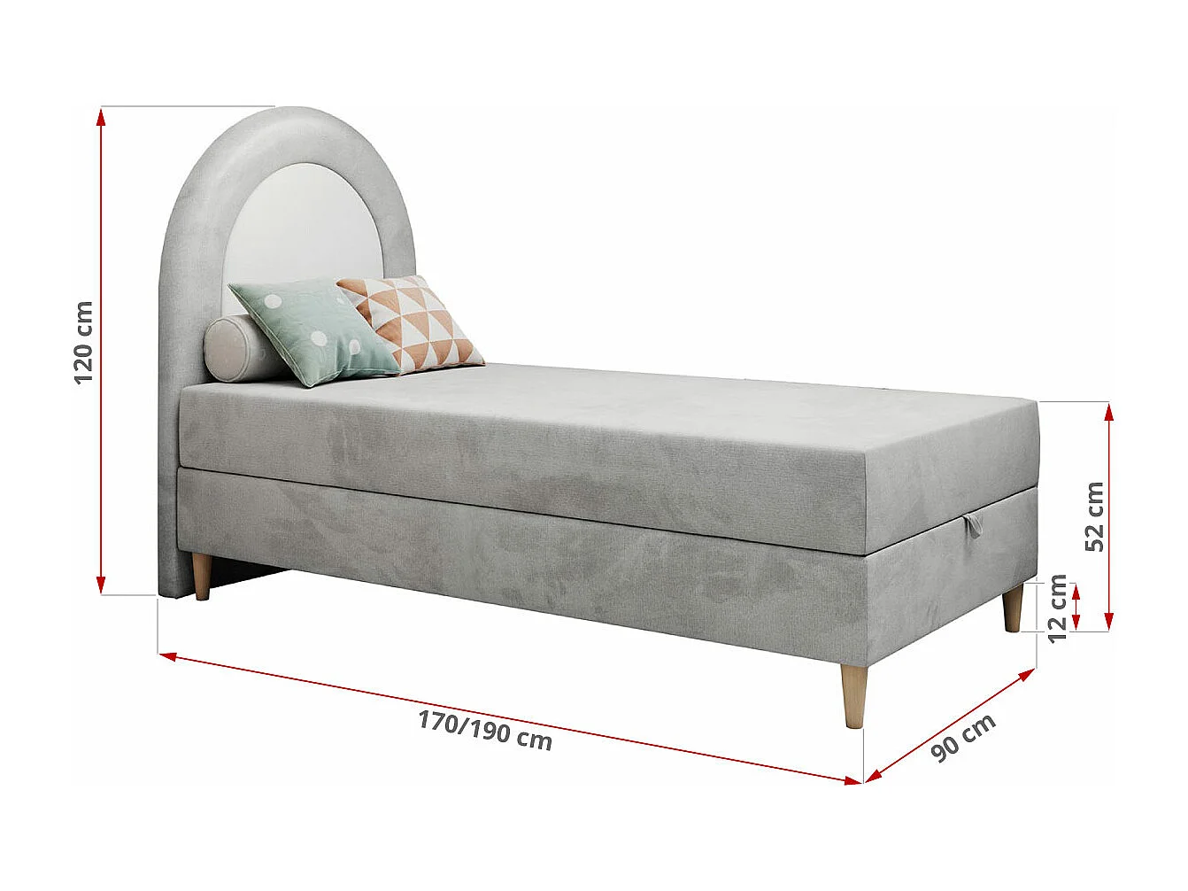 Kinderbett NEST - Boxspringbett für Kinder, mit hohem Kopfteil, Einzelbett mit Stauraum und Matratze - 90x180 cm - Hellgrau Velvet