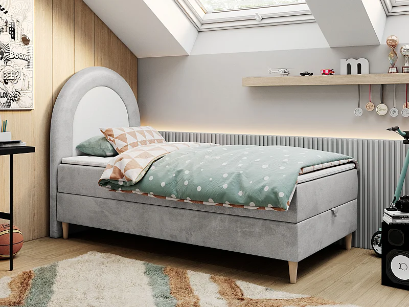 Kinderbett NEST - Boxspringbett für Kinder, mit hohem Kopfteil, Einzelbett mit Stauraum und Matratze - 90x180 cm - Hellgrau Velvet