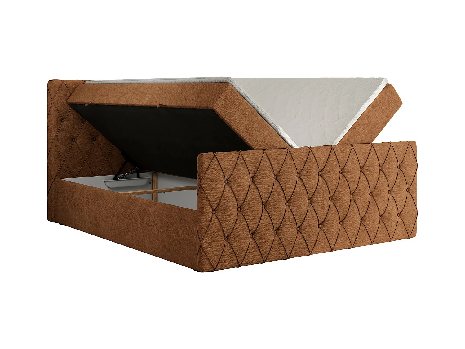Boxspringbett MIREN DUO - mit gestepptem Kopfteil und Front, Multipocket-Matratze, zwei Bettkästen - 140x200 cm - H4 - Orange Strukture