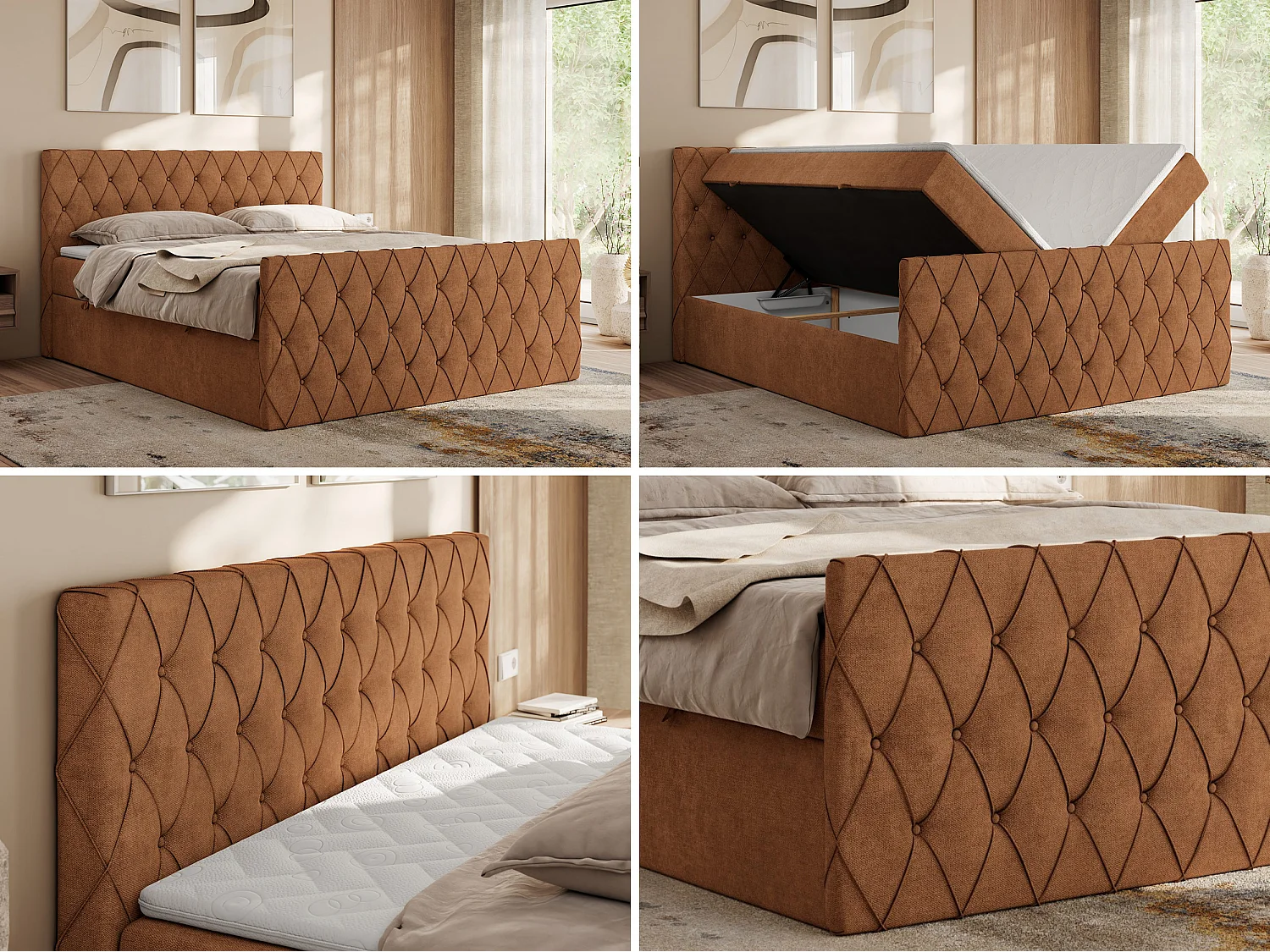 Boxspringbett MIREN DUO - mit gestepptem Kopfteil und Front, Multipocket-Matratze, zwei Bettkästen - 140x200 cm - H4 - Orange Strukture