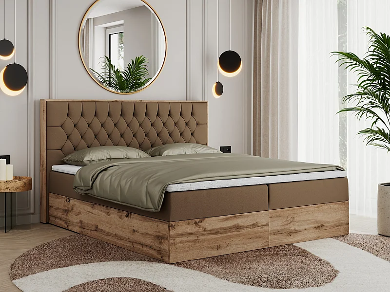 Boxspringbett AMORE - Bett mit Multipocket-Matratze, gesteppte Kopfstütze, Doppelbett für Schlafzimmer - 200x200 cm - H4 - Braun Kunstleder