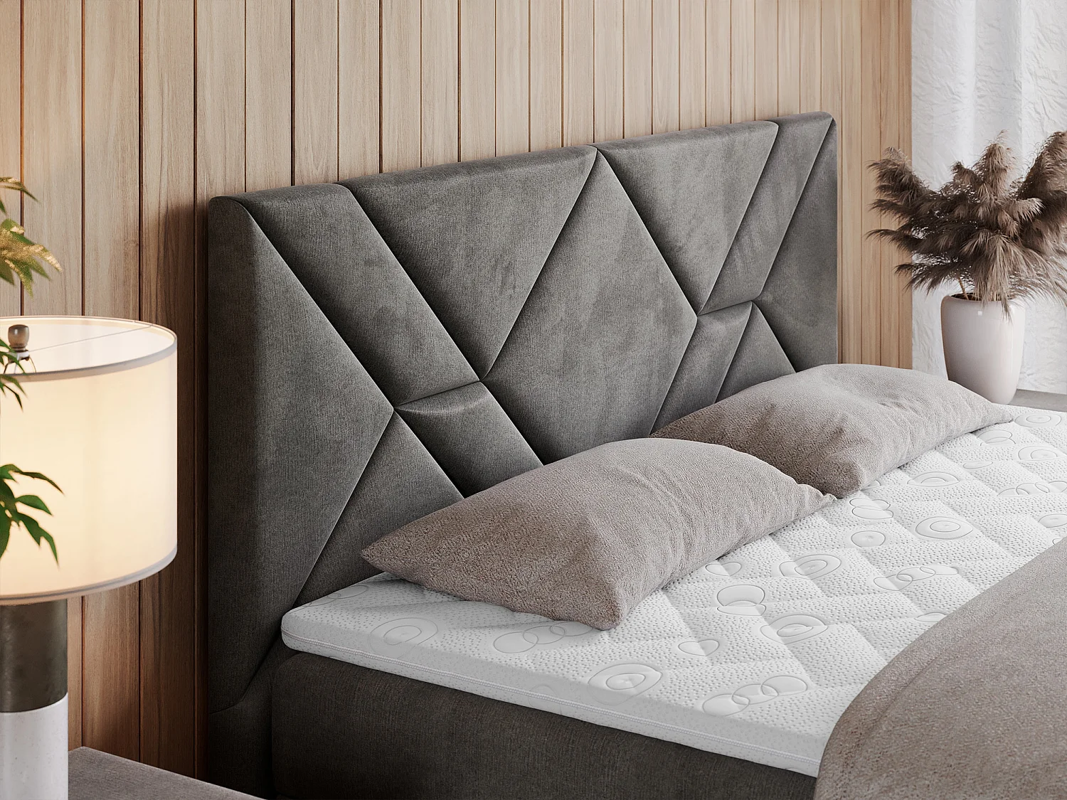 Boxspringbett NEOMI - dekorativem Kopfteil, Polsterbett mit Multipocket-Matratzen, zwei Bettkästen - 160x200 cm - H3 - Hellgrau Strukture