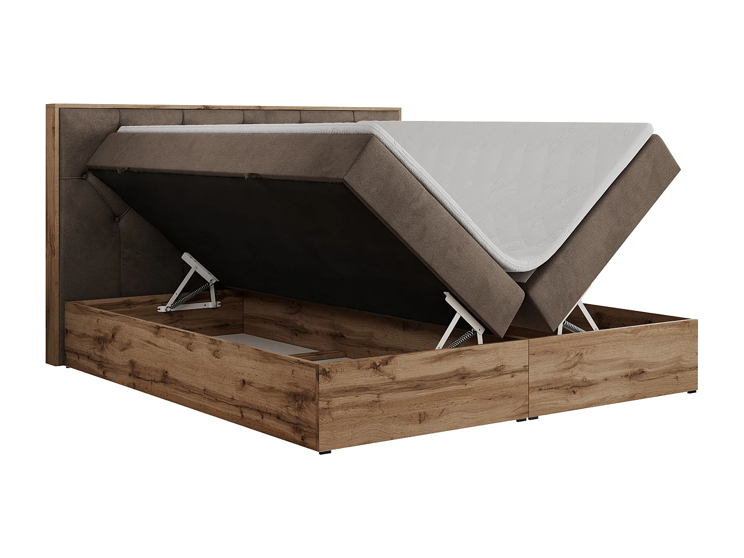 Boxspringbett VENETO - gestepptem Kopfteil, Set mit Multipocket-Matratze und Topper, Holzrahmen, zwei Bettkästen - 140x200 cm - H3 - Braun Velvet