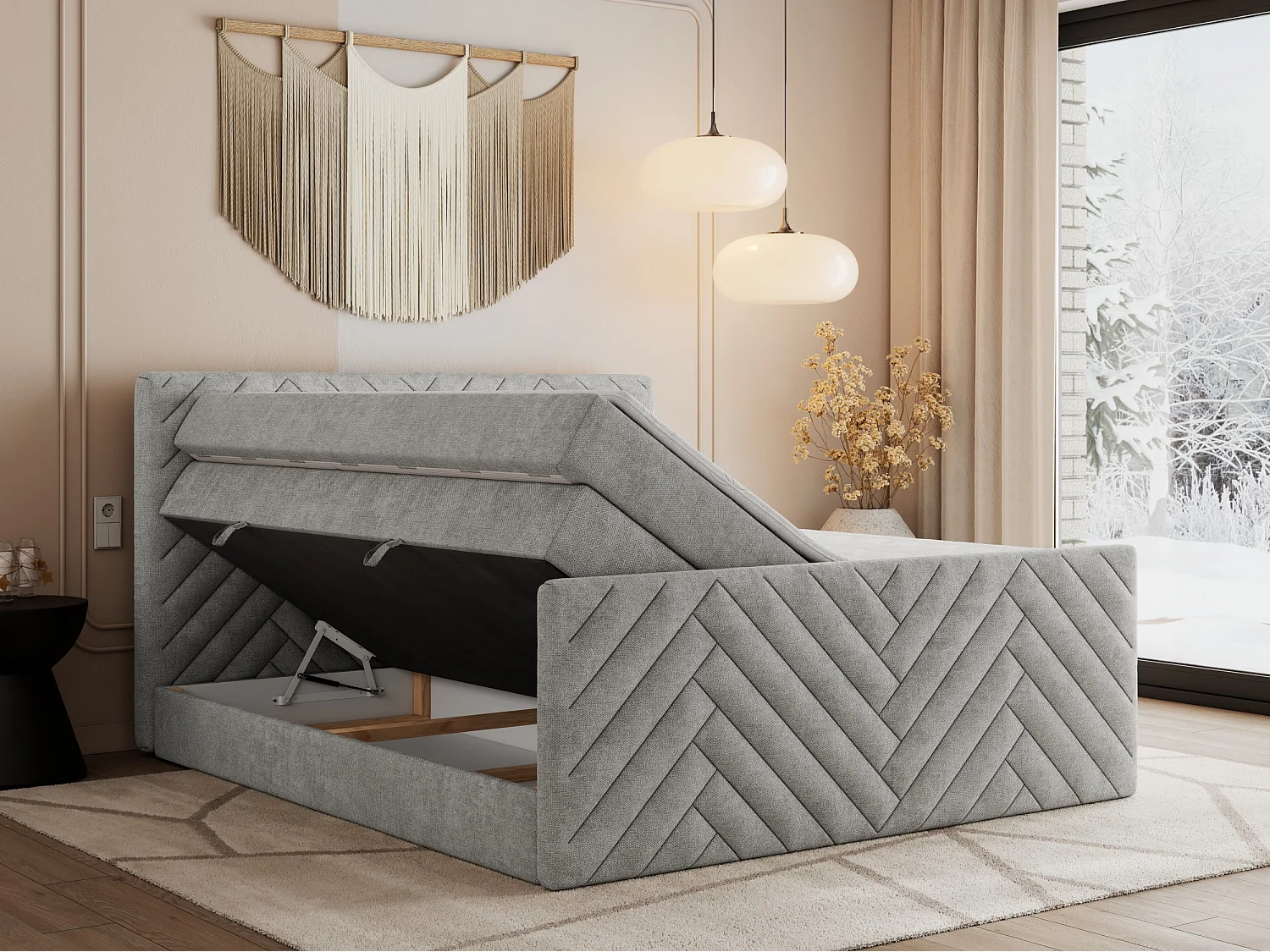 Boxspringbett PARIS KING DUO - dekorative Kopfstütze und Front, zwei Multipocket-Matratze mit Topper - 160x200 cm - H3 - Hellgrau Strukture