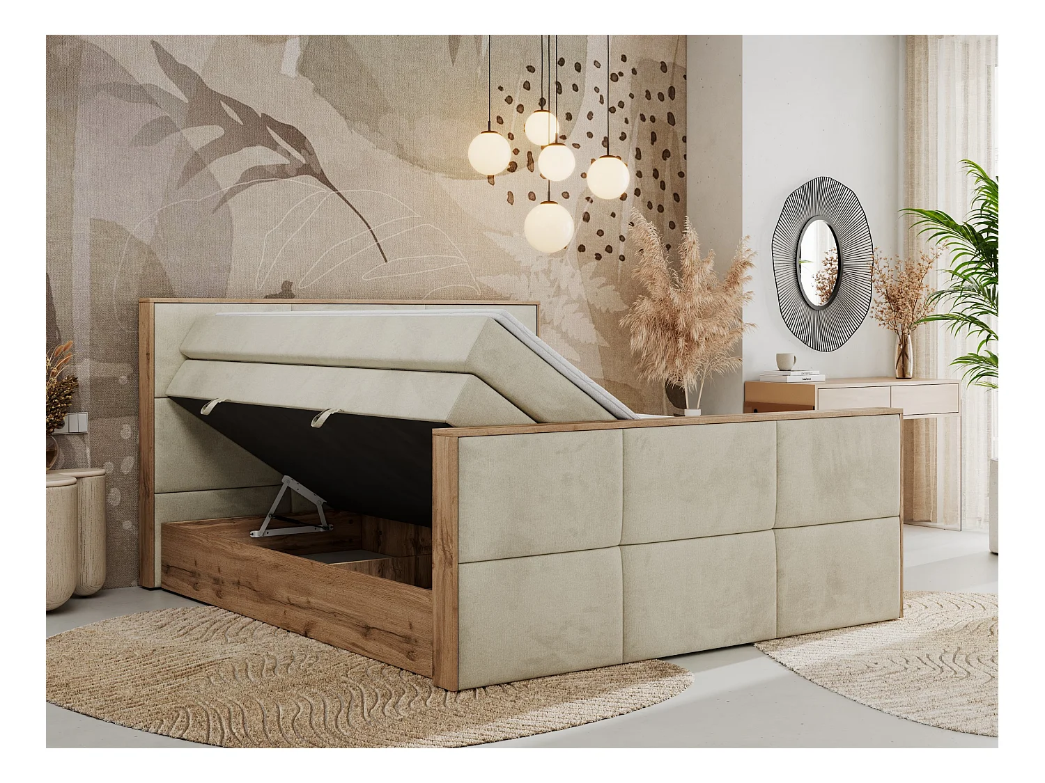 Boxspringbett ALBERO 2 KING DUO - Eiche Wotan Holzrahmen, zwei Multipocket-Matratzen, Bettkästen - 180x200 cm - H3 - Beige Velvet