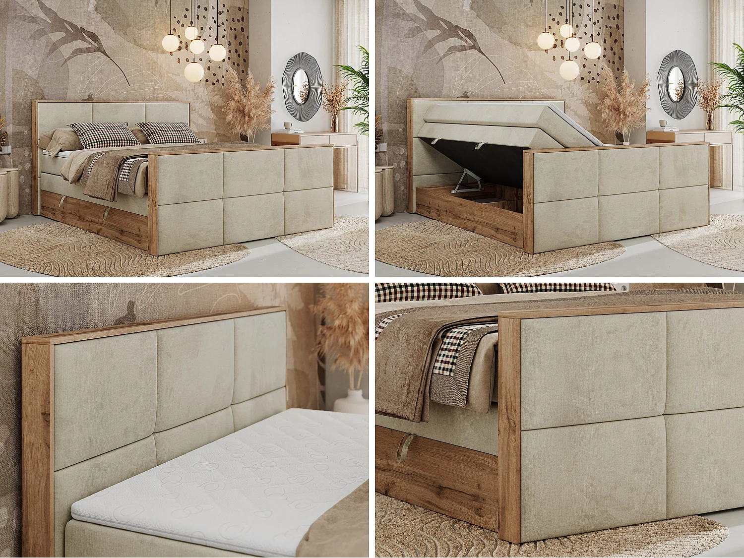 Boxspringbett ALBERO 2 KING DUO - Eiche Wotan Holzrahmen, zwei Multipocket-Matratzen, Bettkästen - 180x200 cm - H3 - Beige Velvet