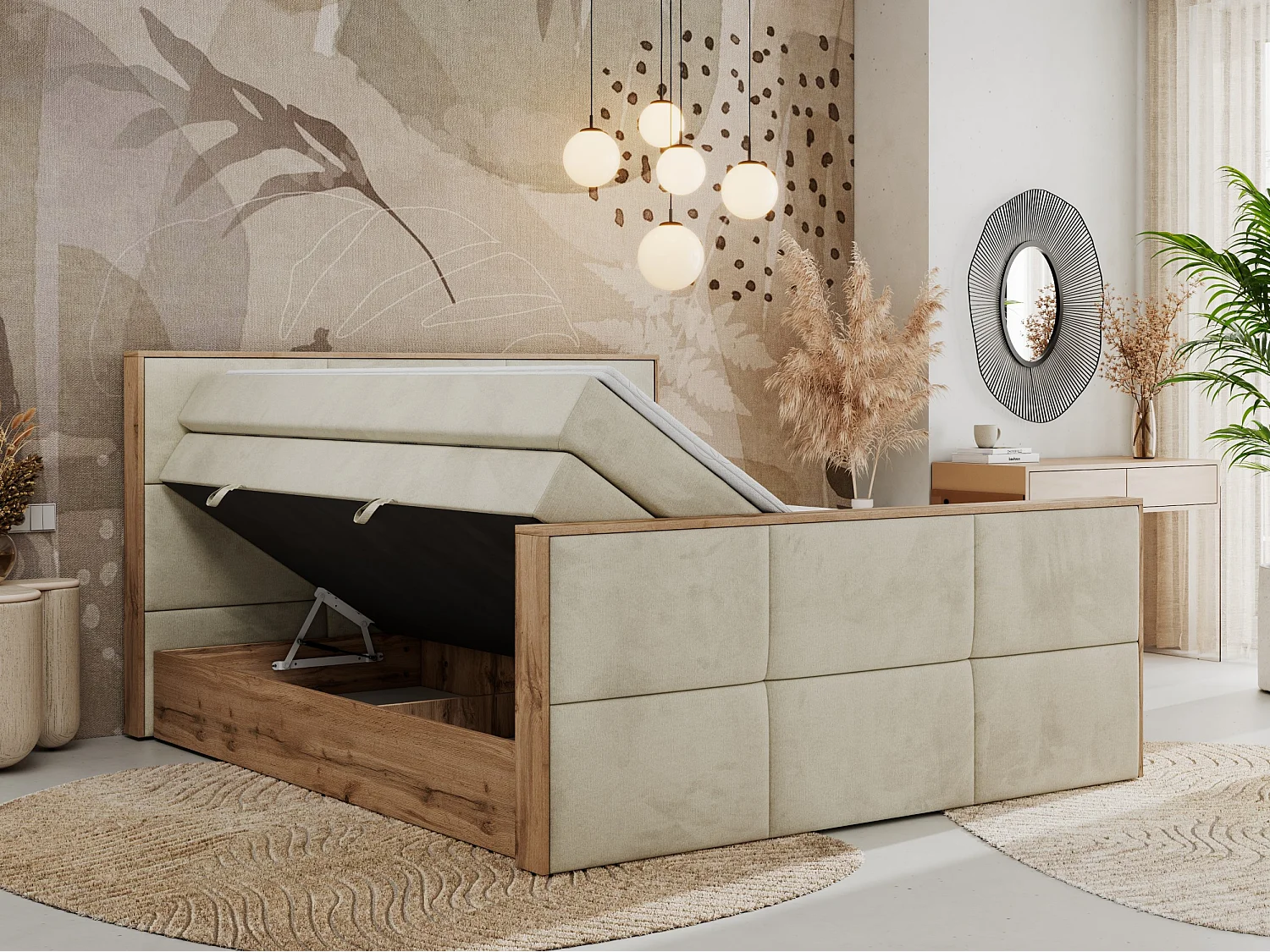 Boxspringbett ALBERO 2 KING DUO - Eiche Wotan Holzrahmen, zwei Multipocket-Matratzen, Bettkästen - 180x200 cm - H3 - Beige Velvet