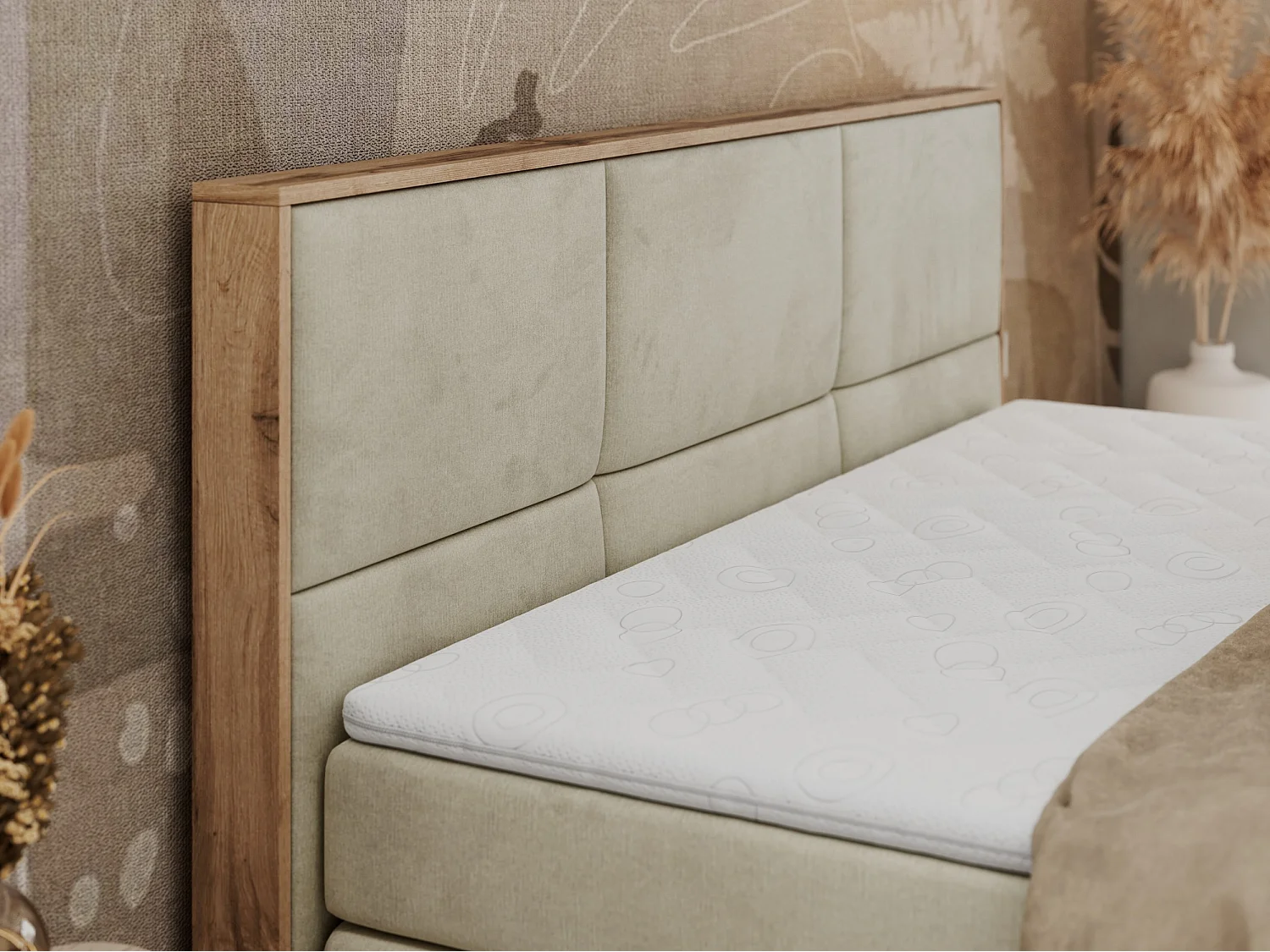 Boxspringbett ALBERO 2 KING DUO - Eiche Wotan Holzrahmen, zwei Multipocket-Matratzen, Bettkästen - 180x200 cm - H3 - Beige Velvet