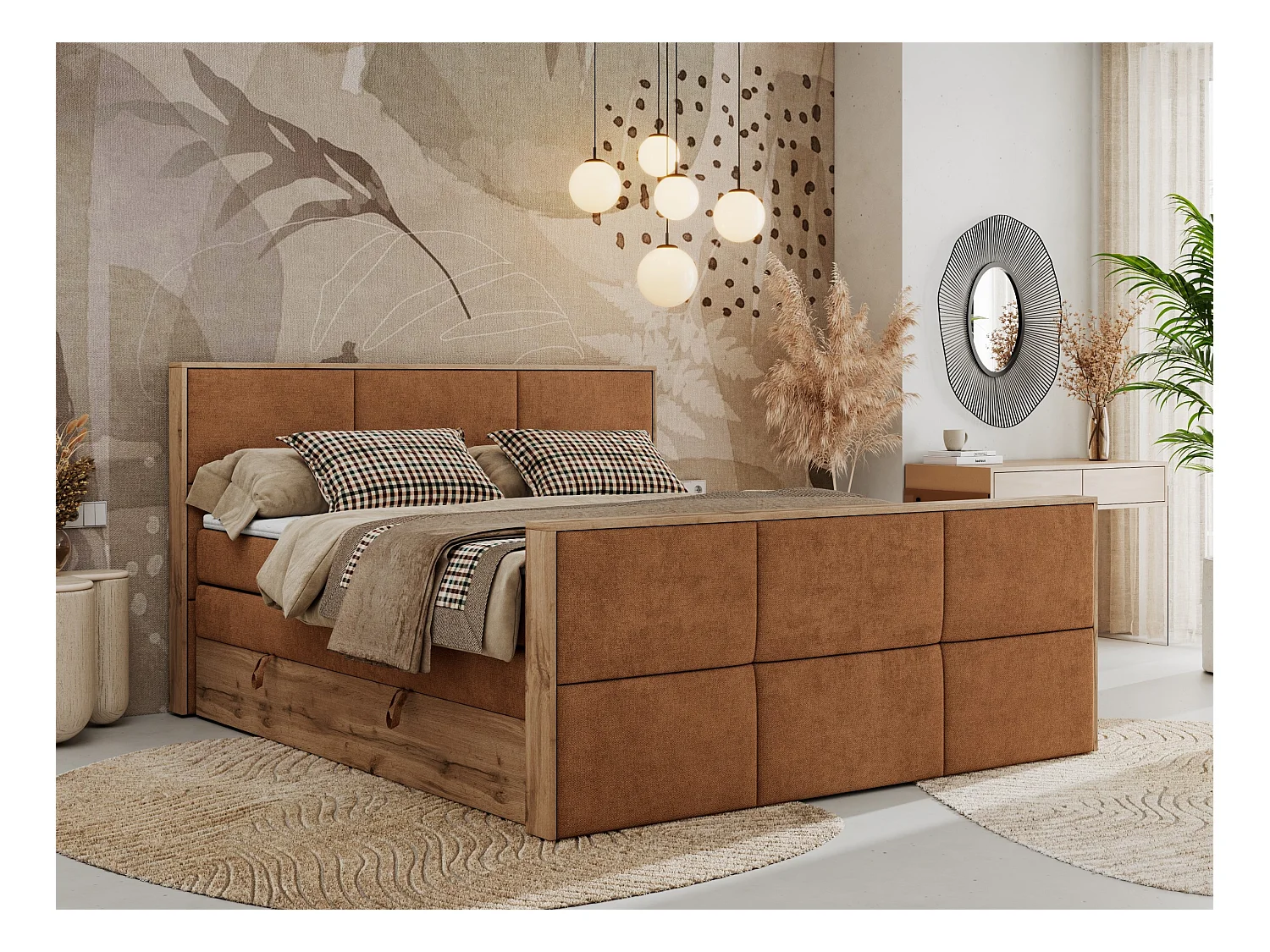 Boxspringbett ALBERO 2 KING DUO - Eiche Wotan Holzrahmen, zwei Multipocket-Matratzen, Bettkästen - 120x200 cm - H4 - Orange Strukture