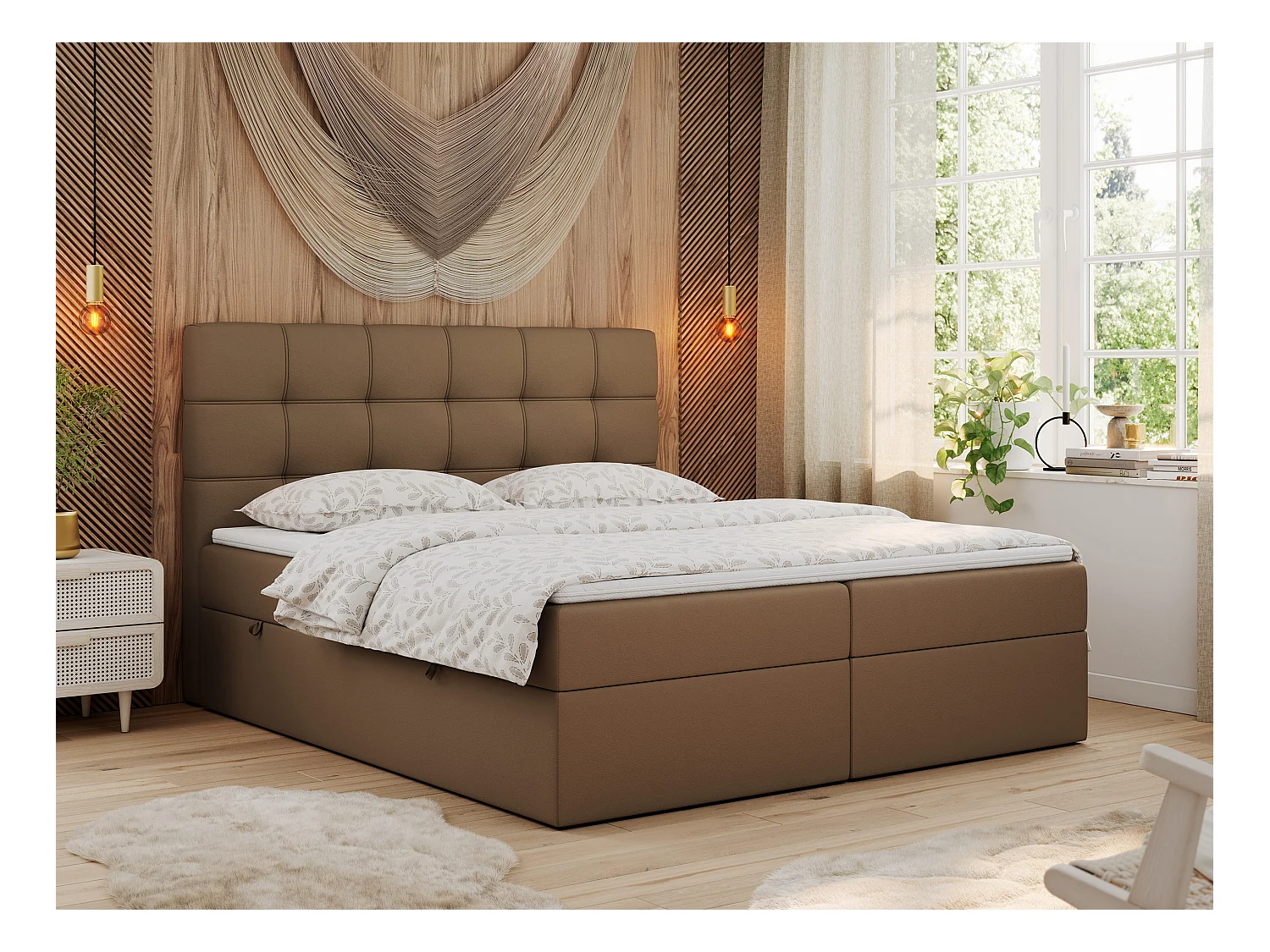 Boxspringbett ERNI - mit gestepptem Kopfteil, Polsterbett, Multipocket-Matratze und Topper, Bettkästen - 160x200 cm - H4 - Braun Kunstleder