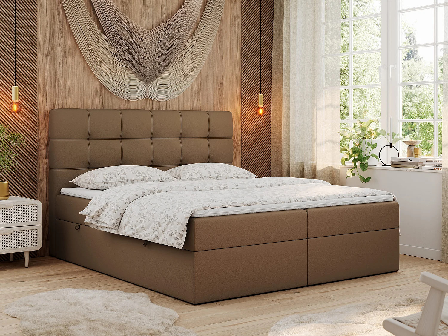 Boxspringbett ERNI - mit gestepptem Kopfteil, Polsterbett, Multipocket-Matratze und Topper, Bettkästen - 160x200 cm - H4 - Braun Kunstleder